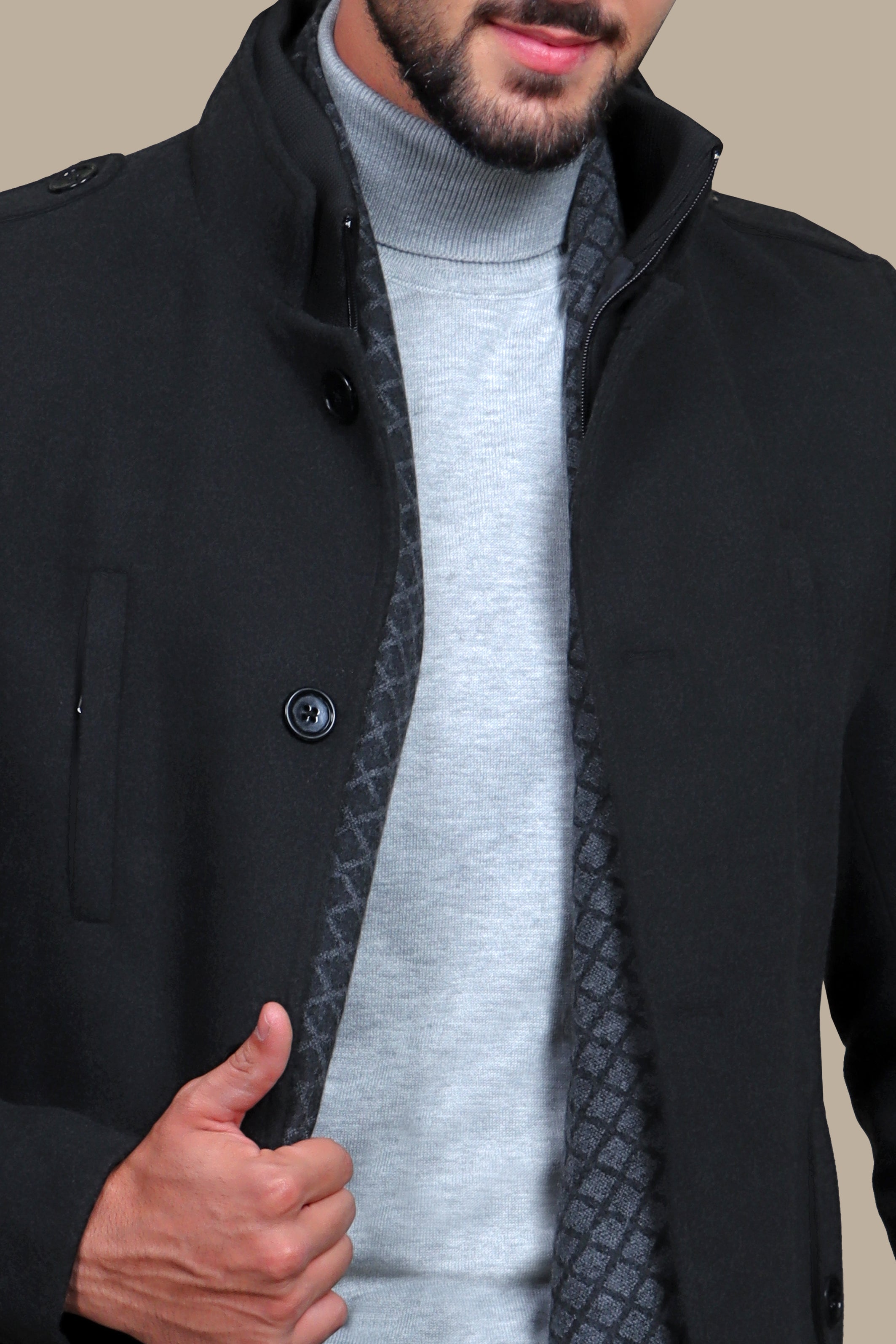 Dark Grey Mao-Collar Coat with Detachable Design