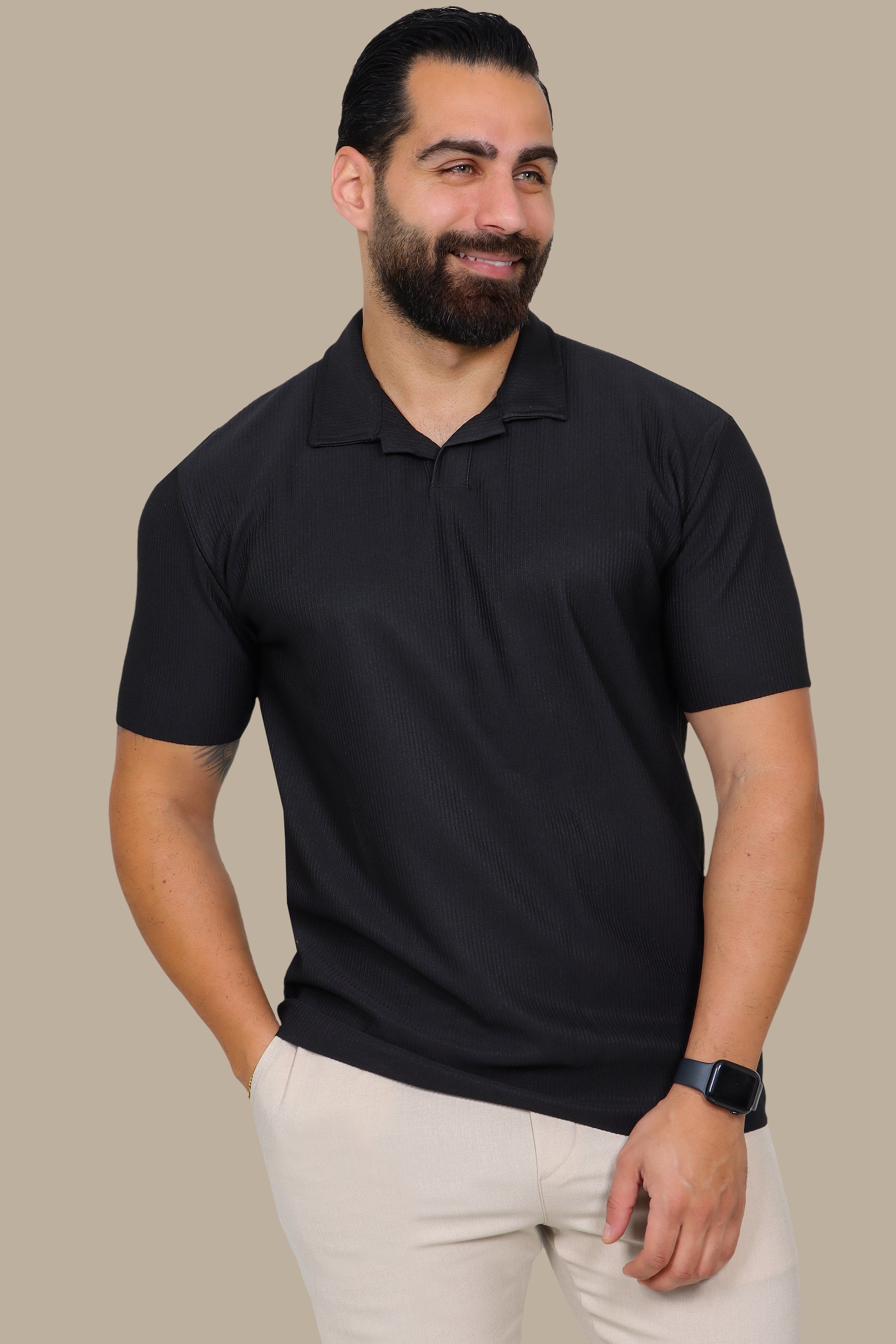 Black Ribbed Lycra Polo