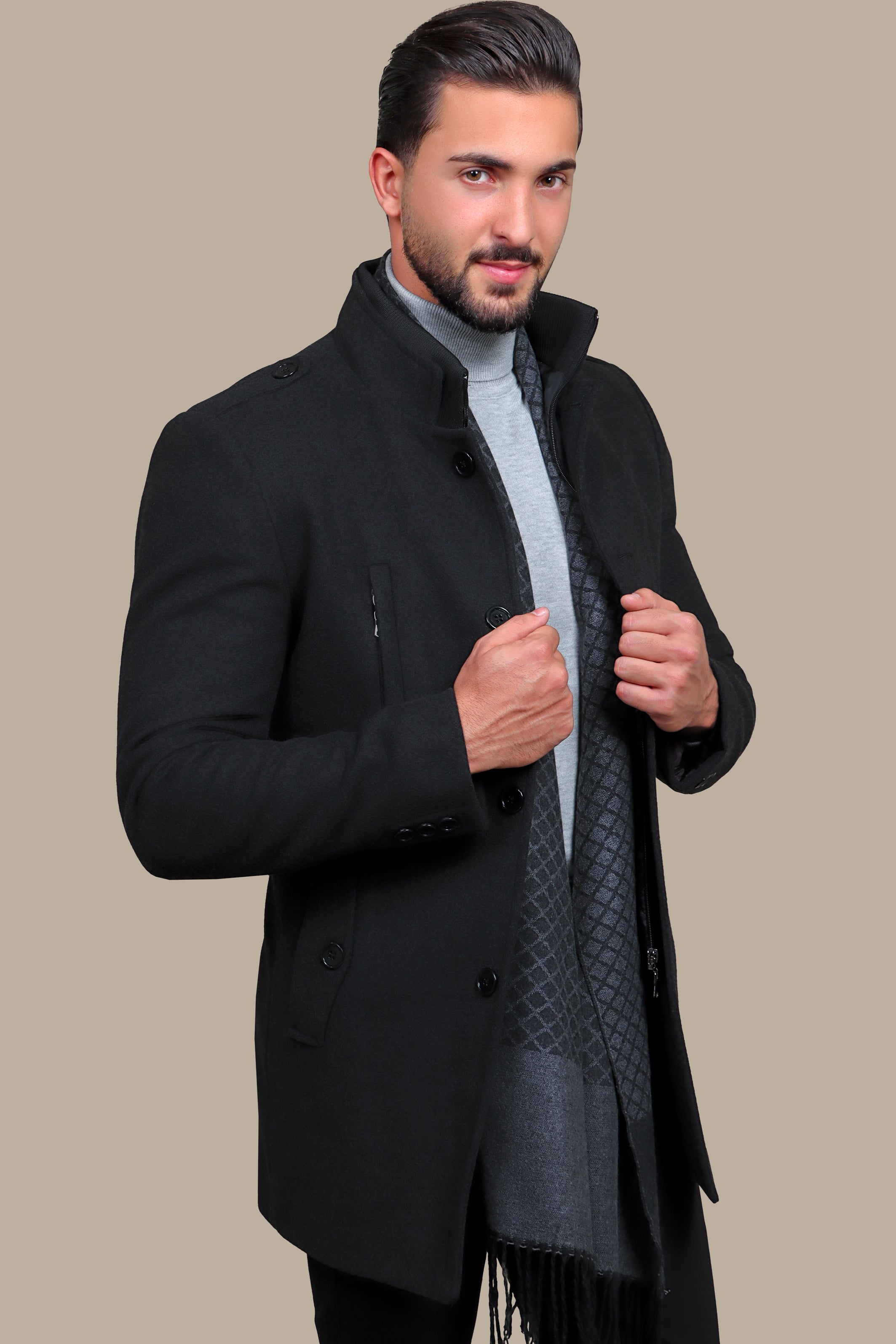 Dark Grey Mao-Collar Coat with Detachable Design