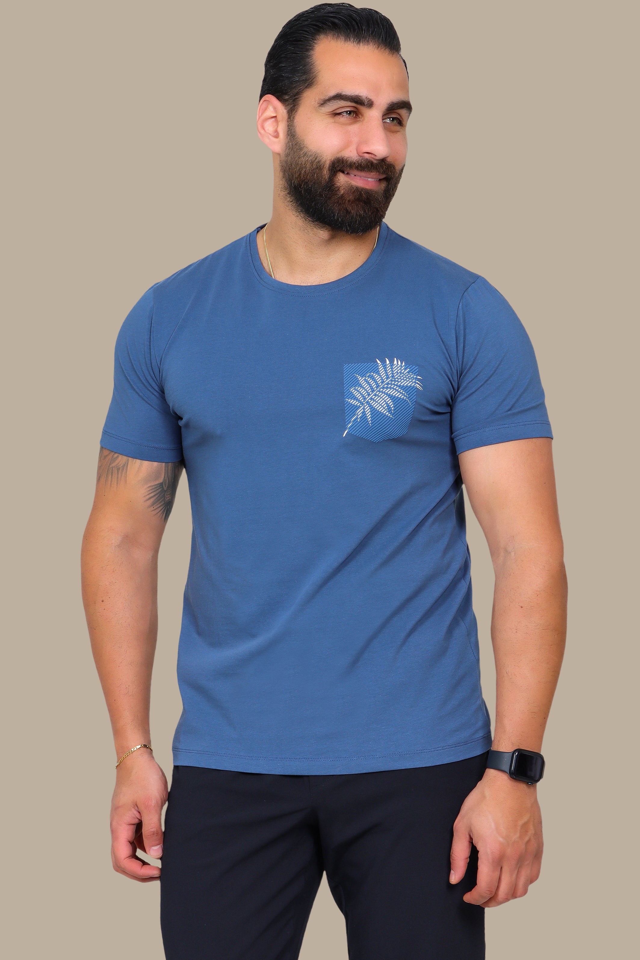 Blue T-Shirt with Pocket and Leaf Print