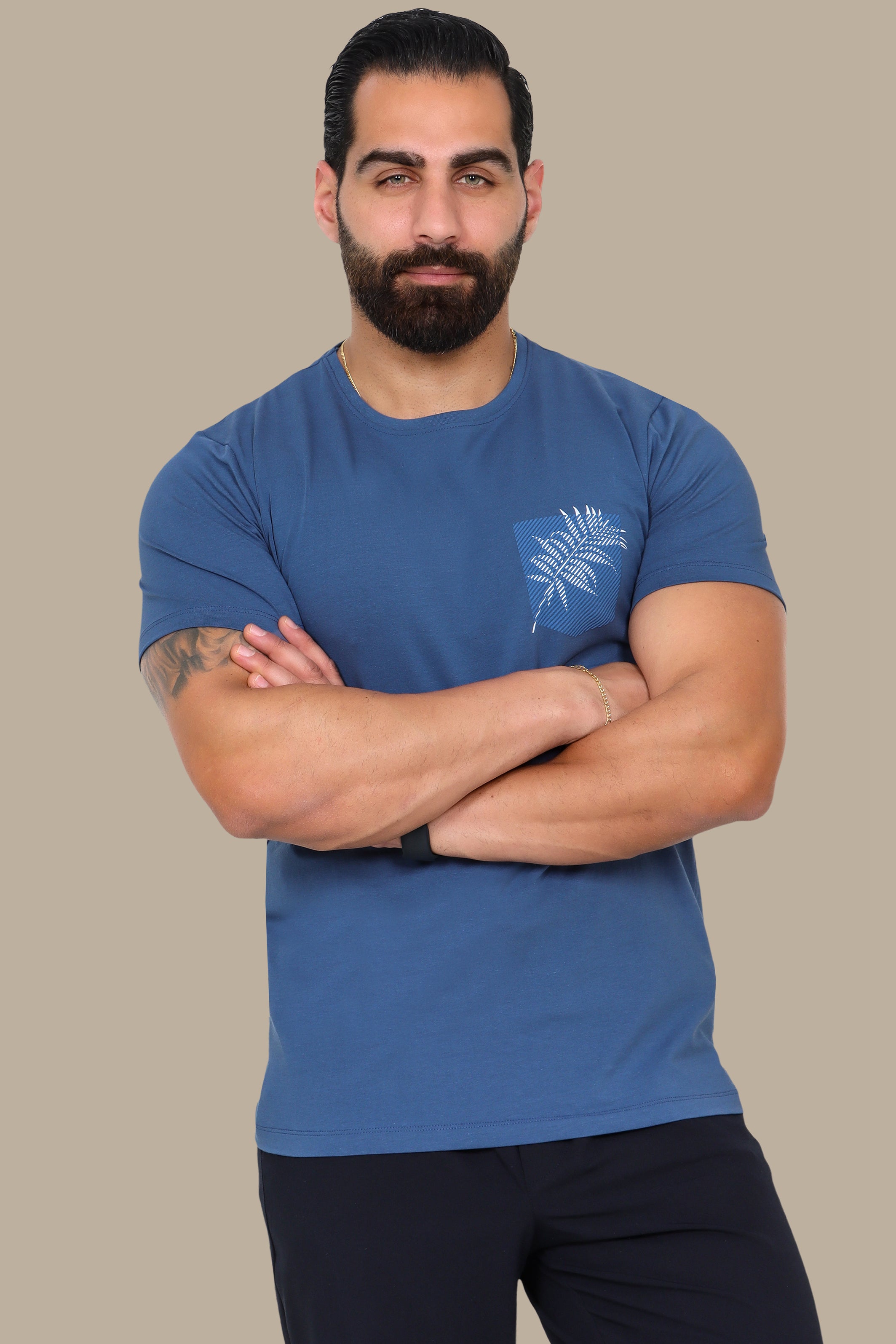 Blue T-Shirt with Pocket and Leaf Print