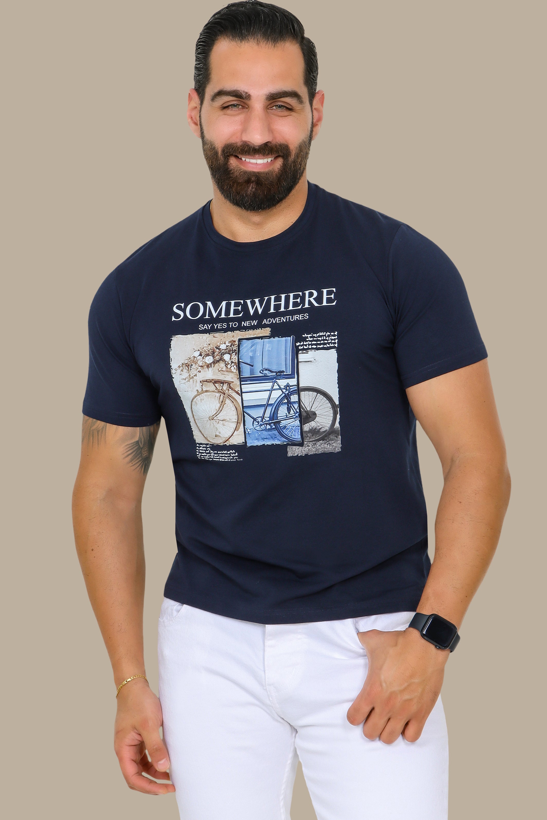 Navy T-Shirt with "Somewhere" and Bike Print