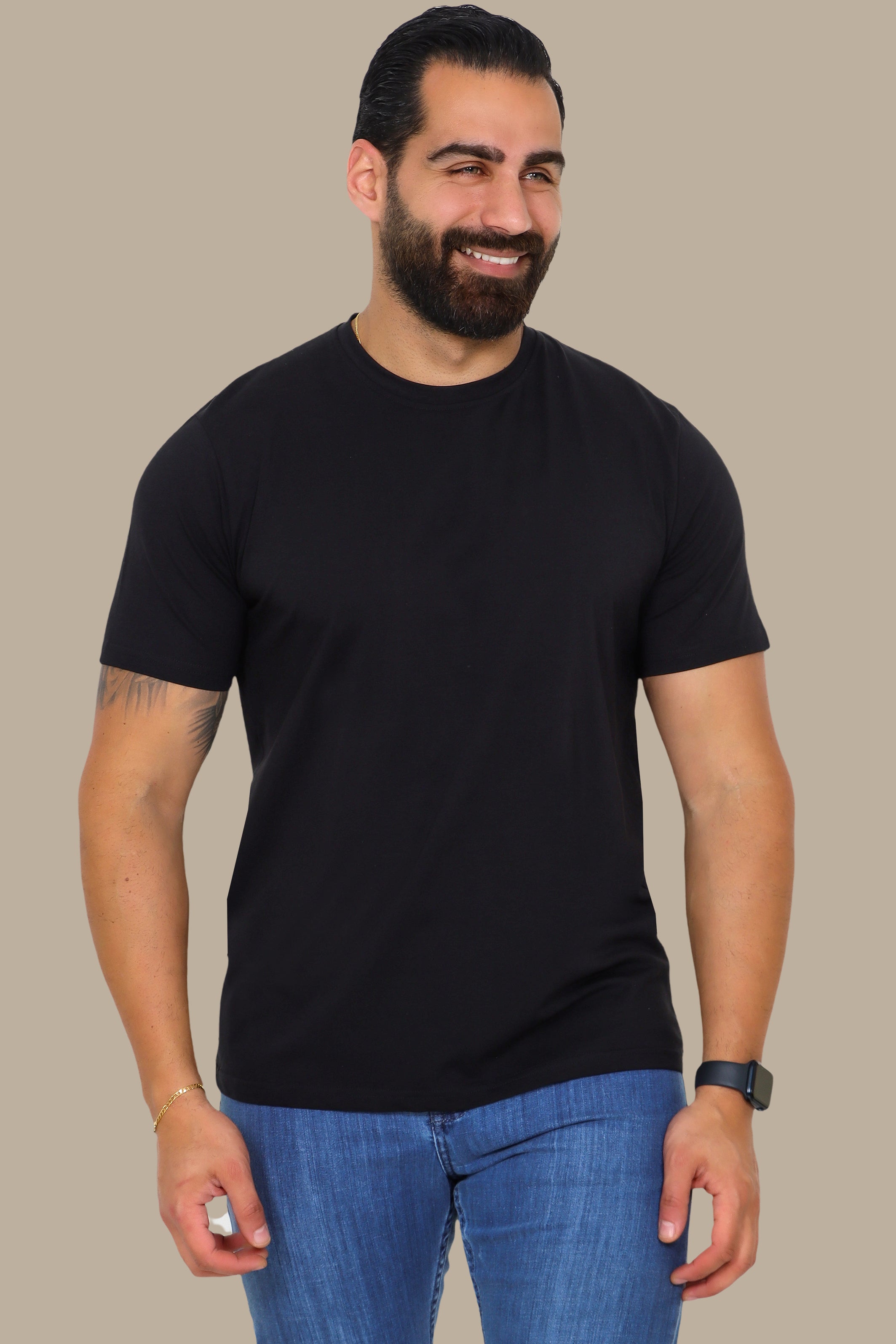 Noir Essence: Black Basic Round Neck T-Shirt
