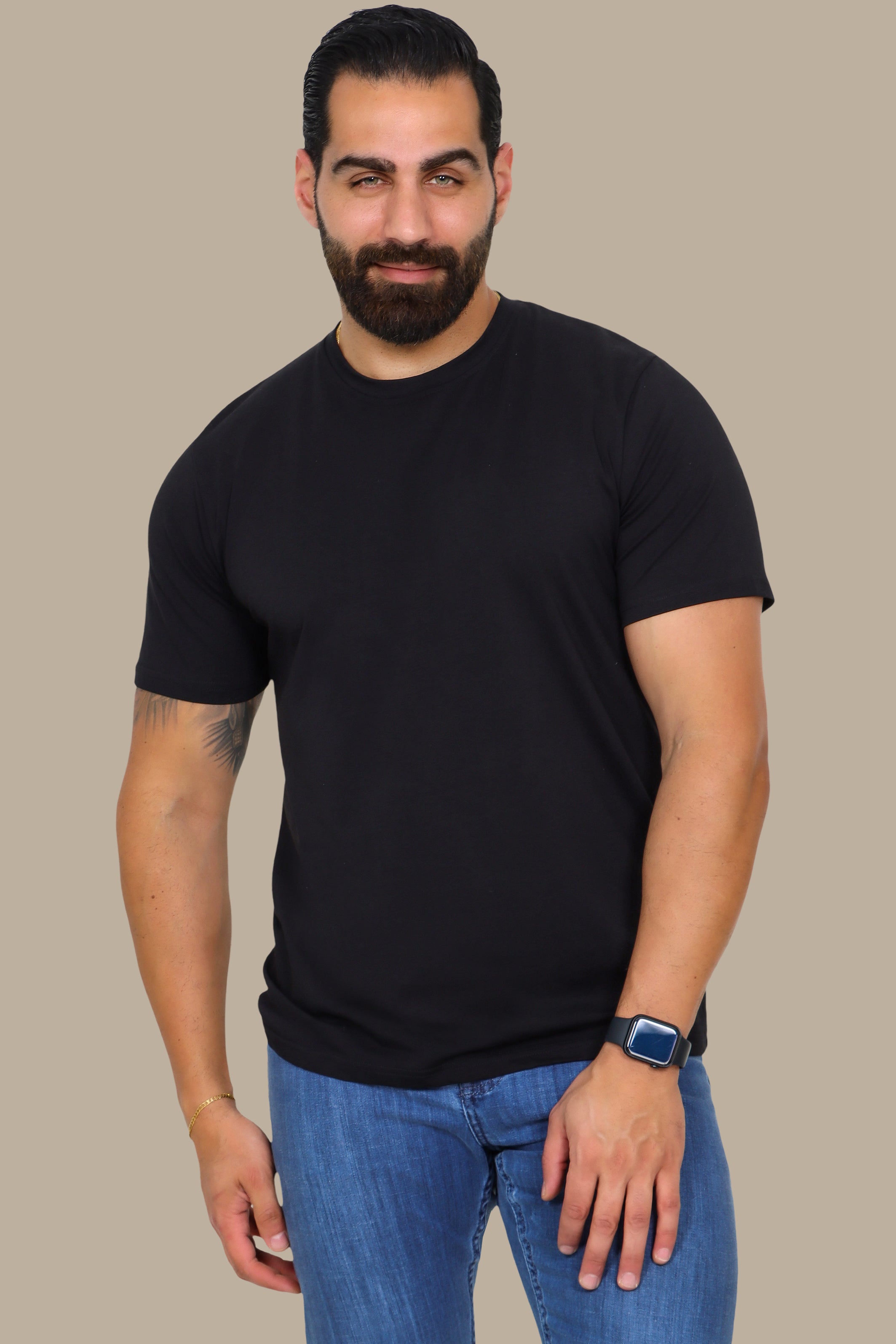 Noir Essence: Black Basic Round Neck T-Shirt