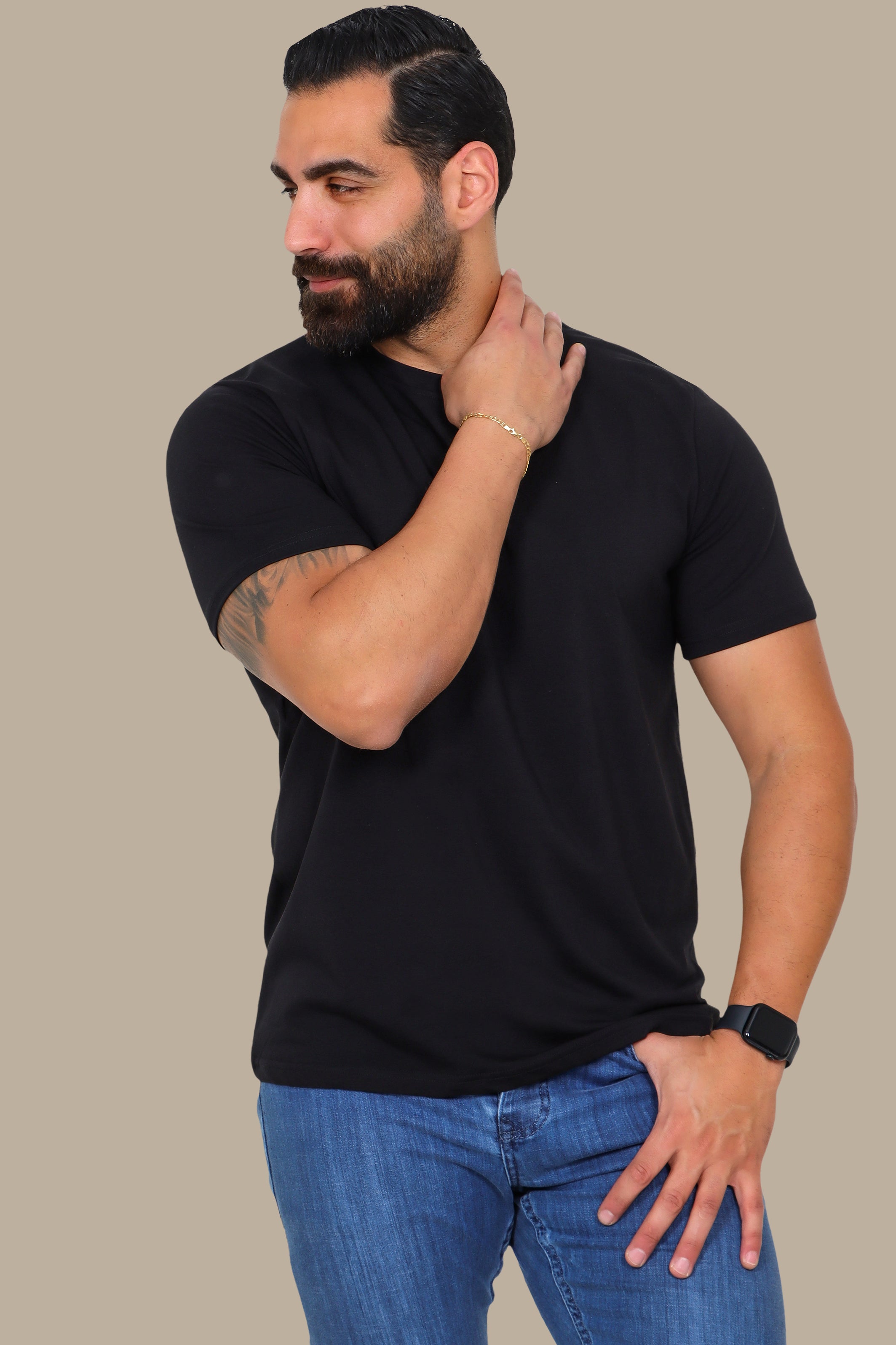 Noir Essence: Black Basic Round Neck T-Shirt