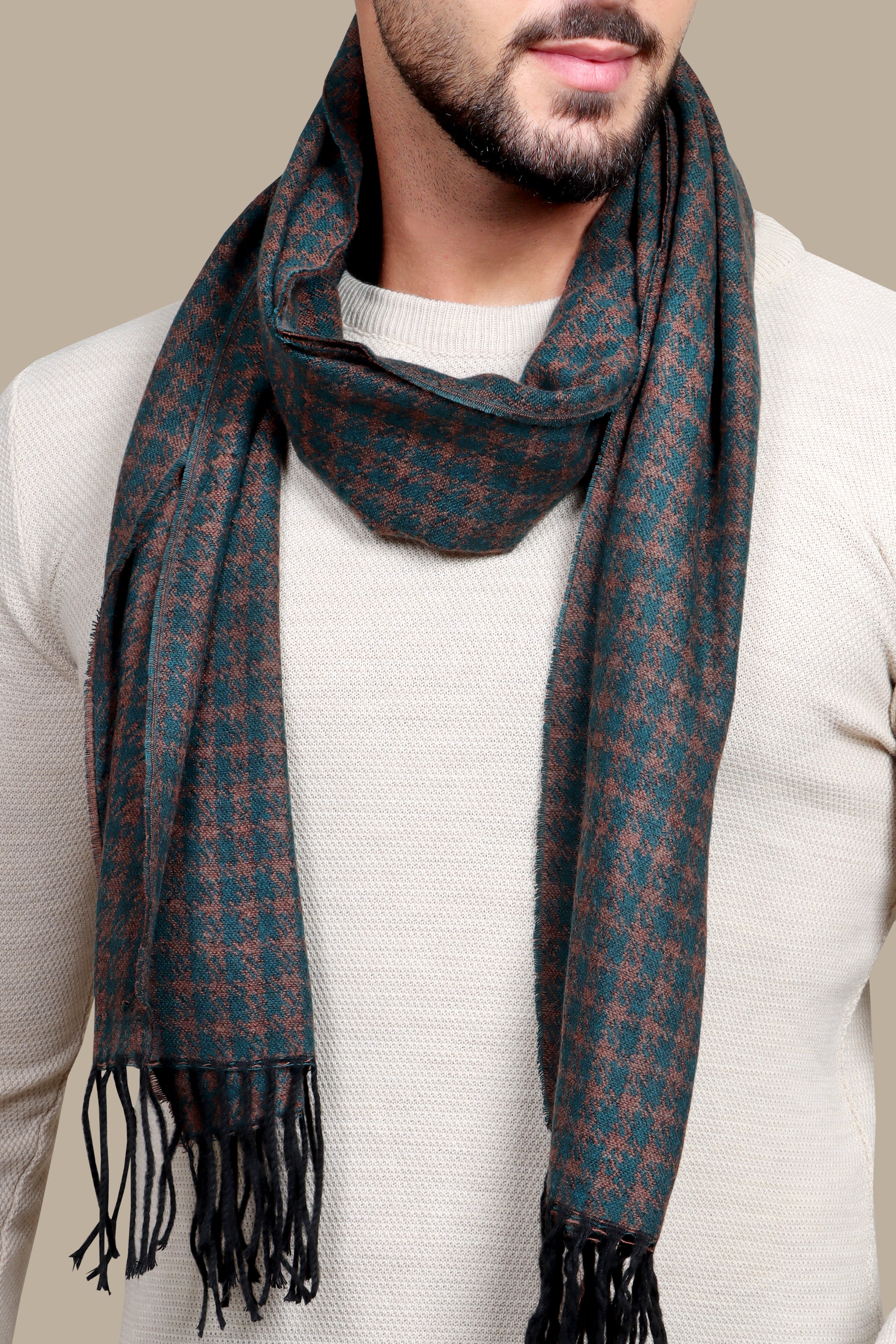 Emerald Elegance: Green Wool Nails head Print Scarf for Timeless Style