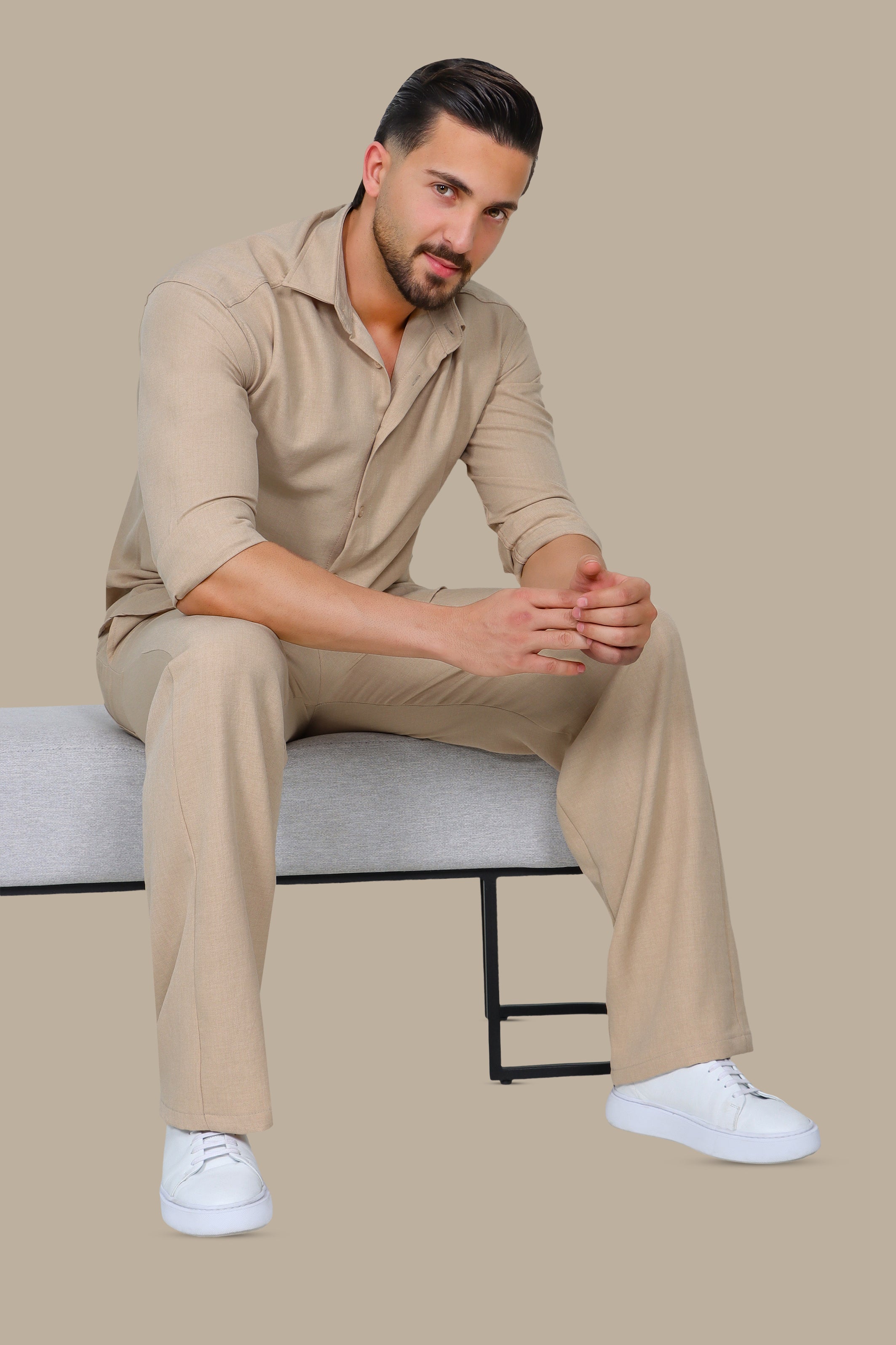 Beige Linen Loose Long Sleeve Tracksuit