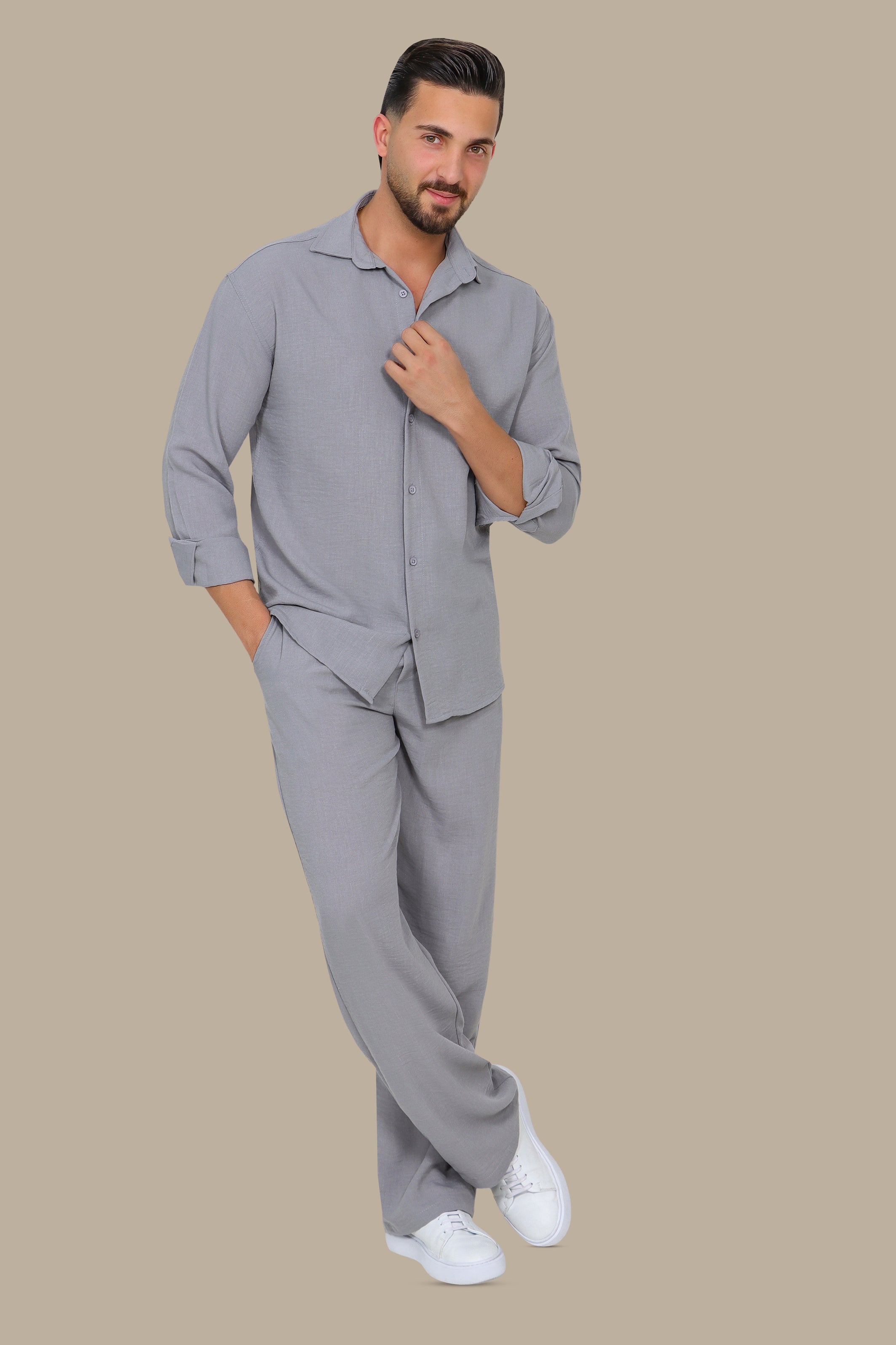Grey Linen Loose Long Sleeve Tracksuit