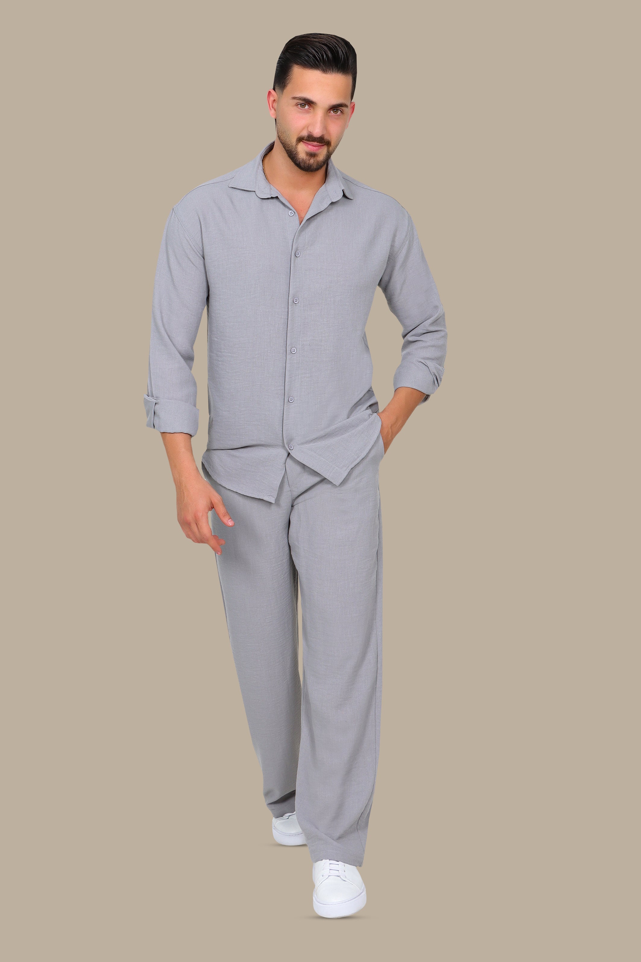 Grey Linen Loose Long Sleeve Tracksuit