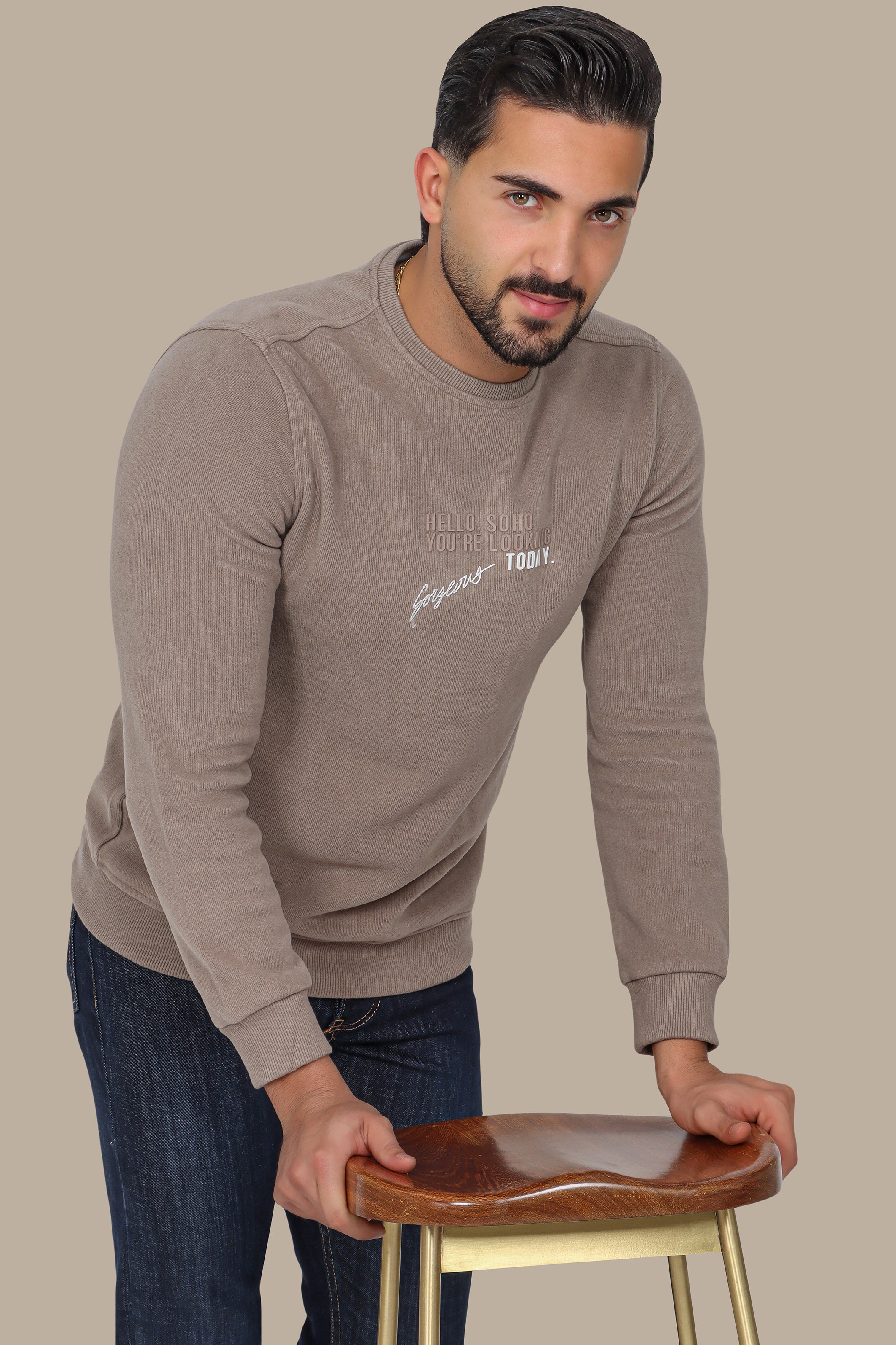 Urban Vibes: Beige Round Neck Sweatshirt with SOHO Print