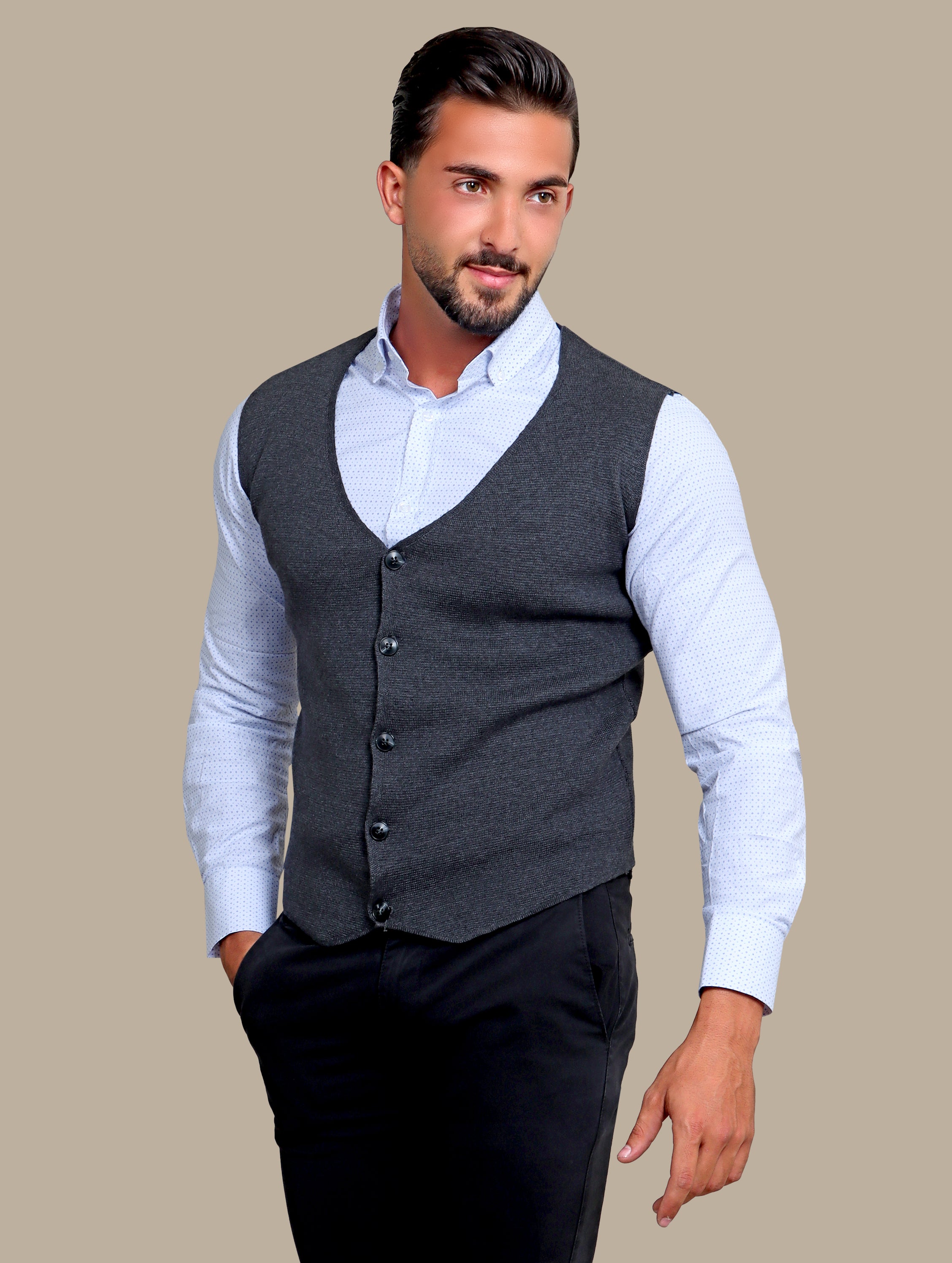 Dark Grey Cotton Casual Vest with 5 Buttons