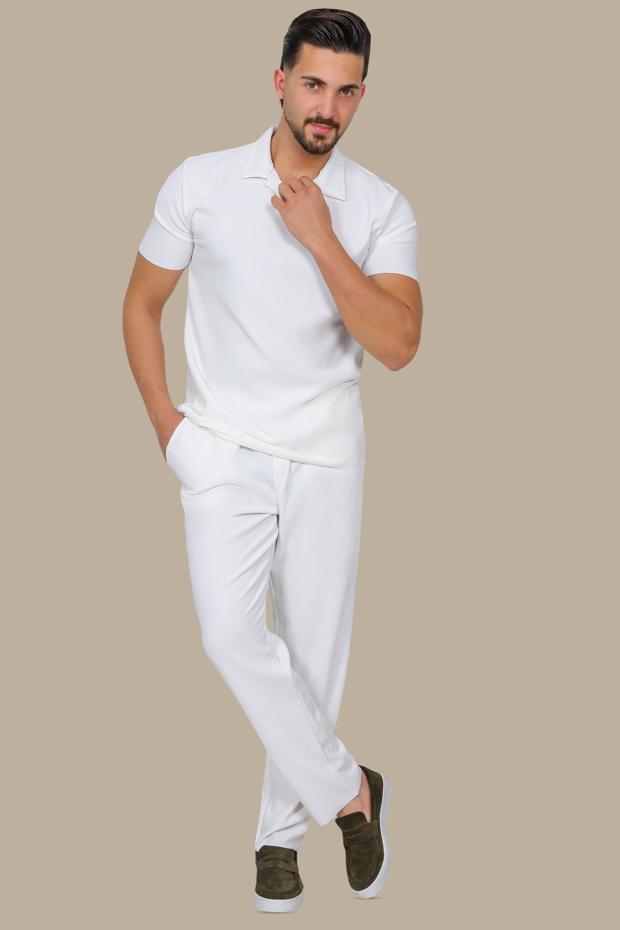 White Ribbed Lycra Polo Shirt