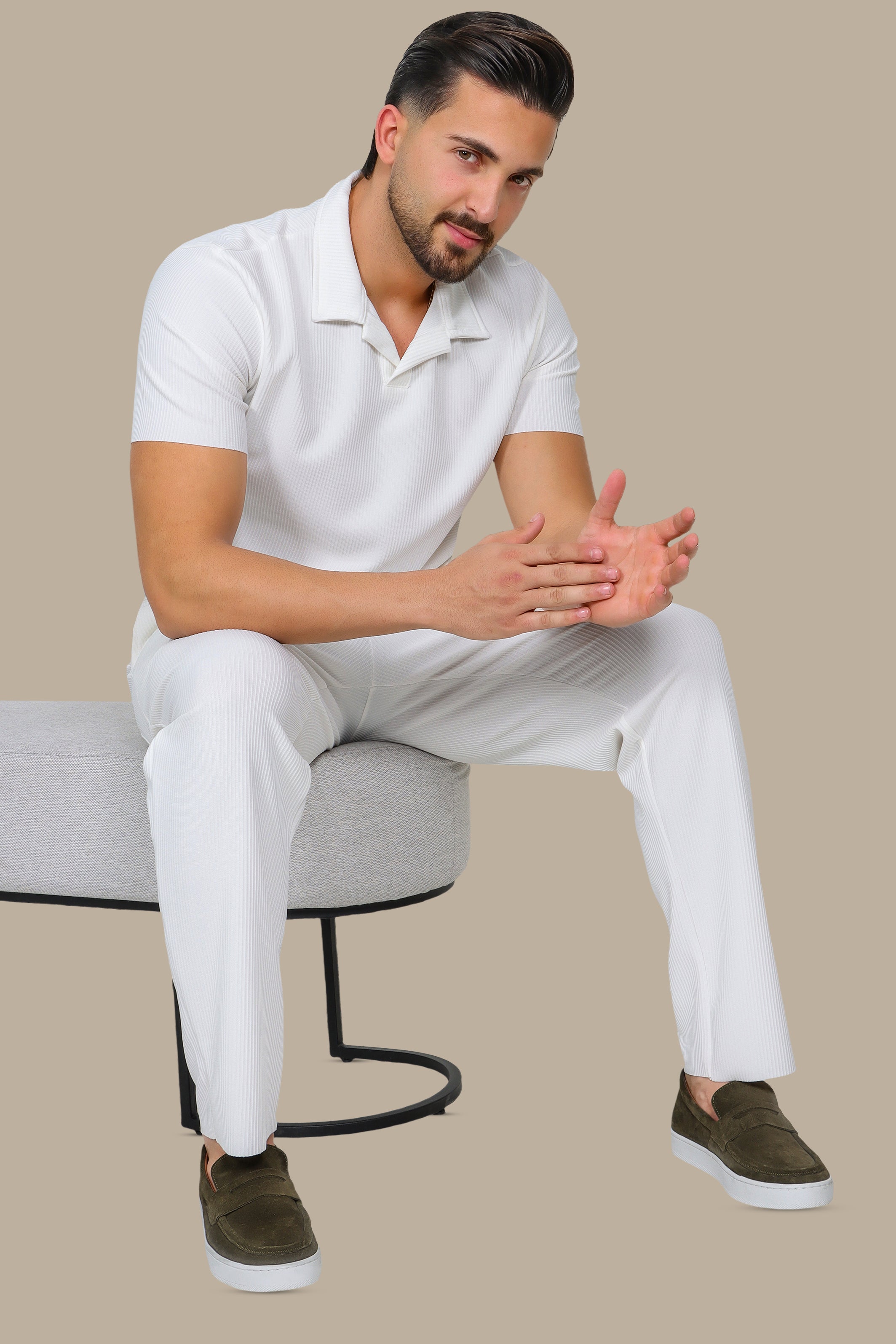 White Ribbed Lycra Polo Shirt