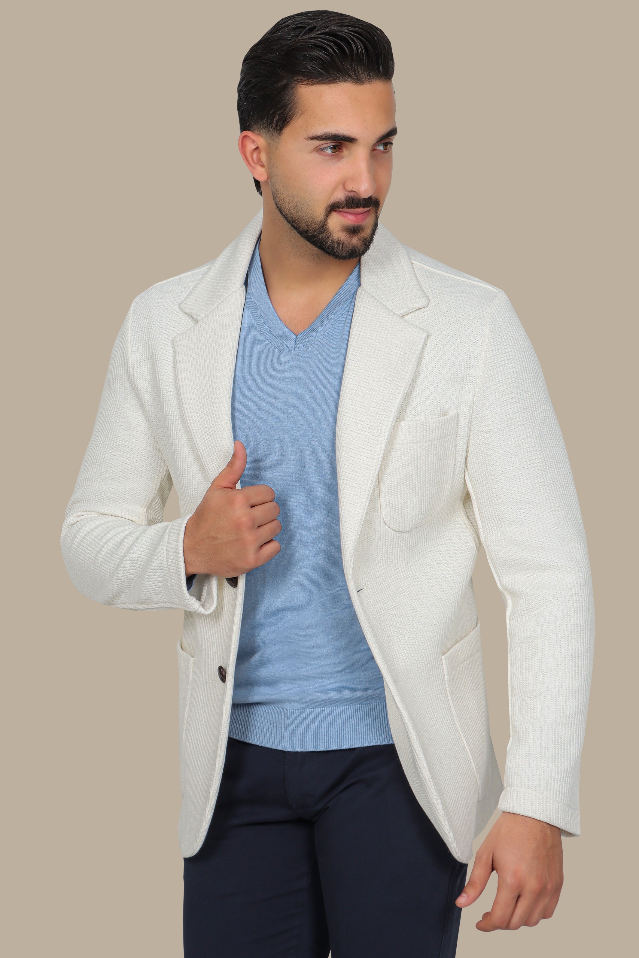 White Cotton Mercerized Blazer with Notch Lapel