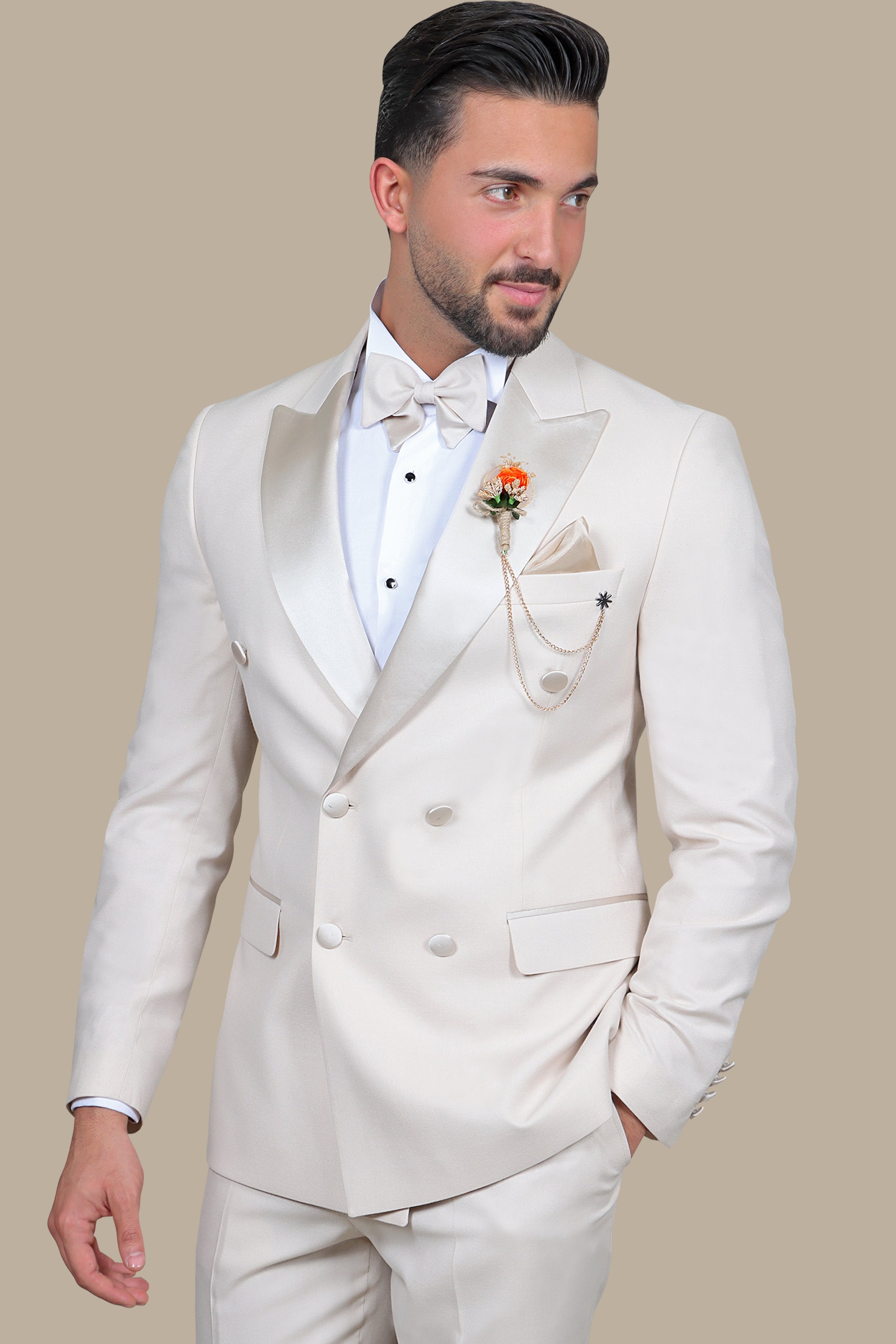 Beige Double Breasted Peak Lapel Tuxedo