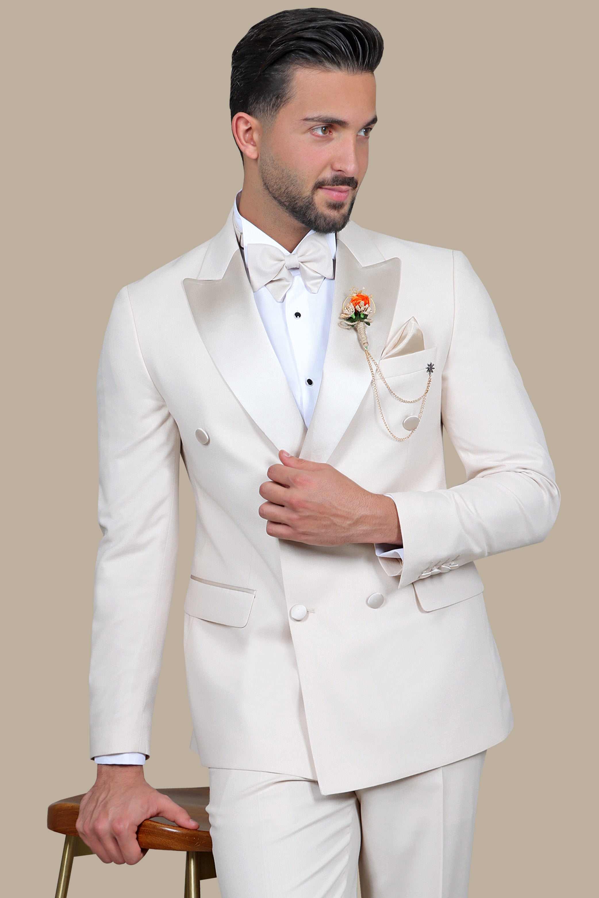Beige Double Breasted Peak Lapel Tuxedo