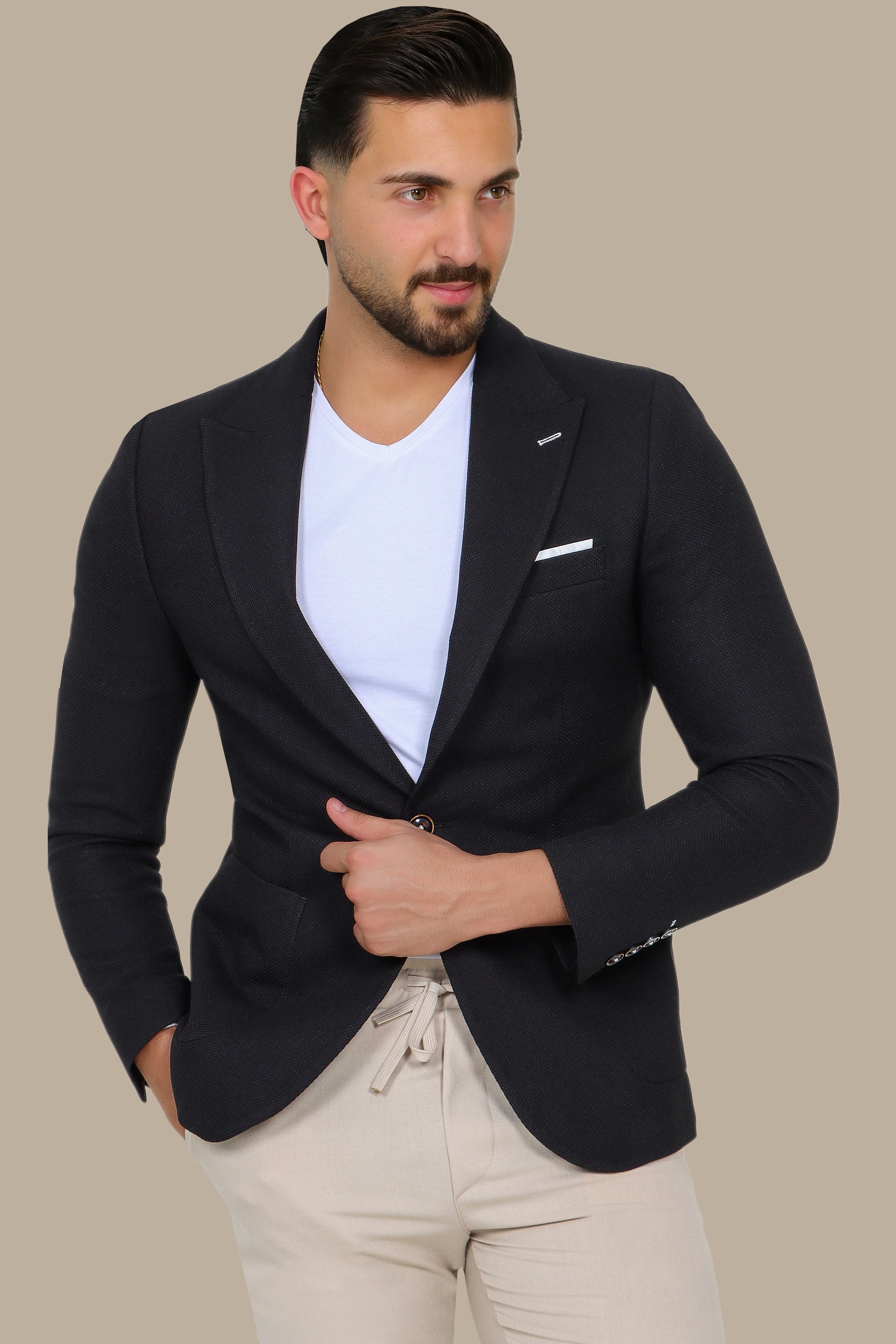 Black Piquet Blazer with Peak Lapel