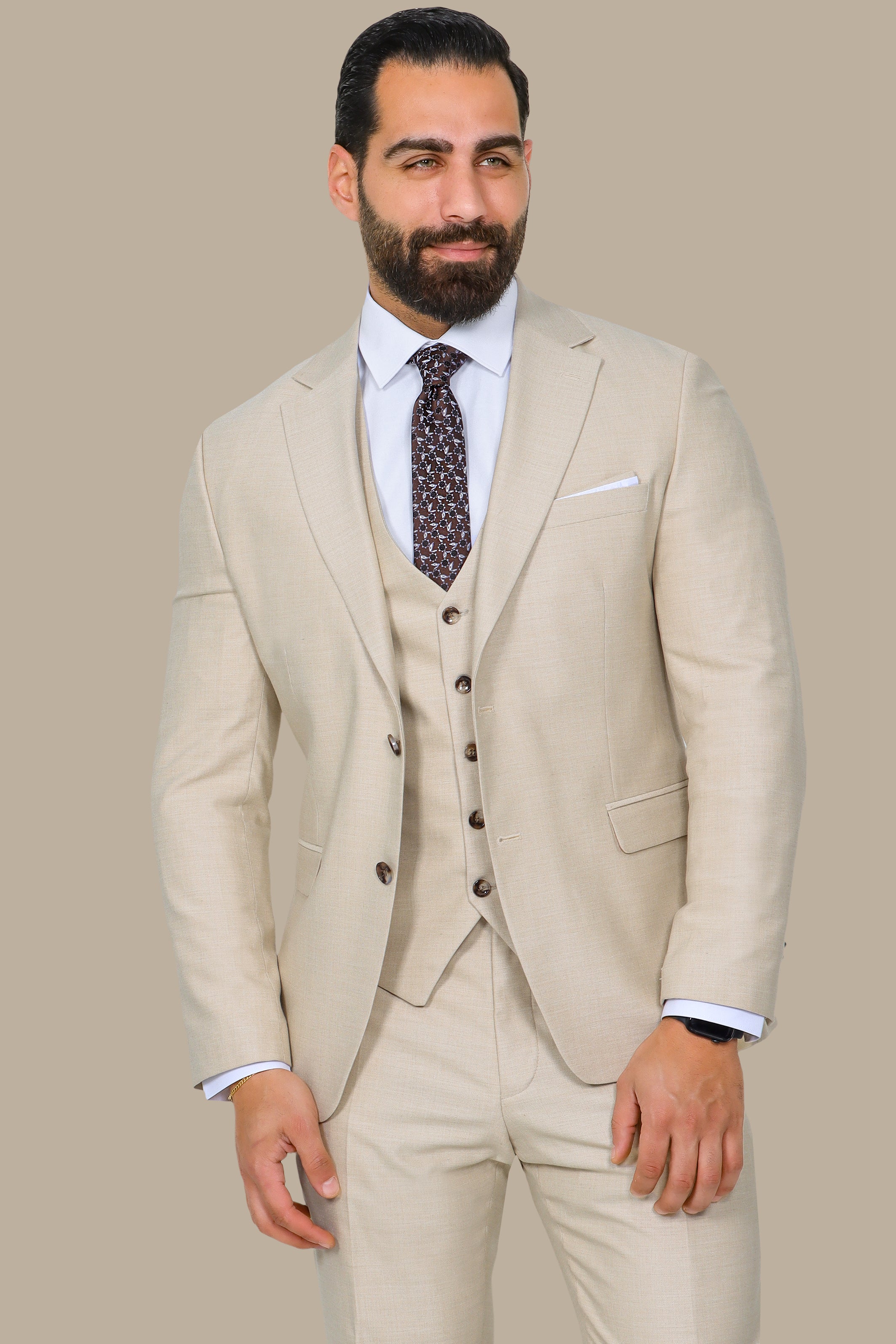 Beige Fila-Fil 3-Piece Suit with Patch Lapel