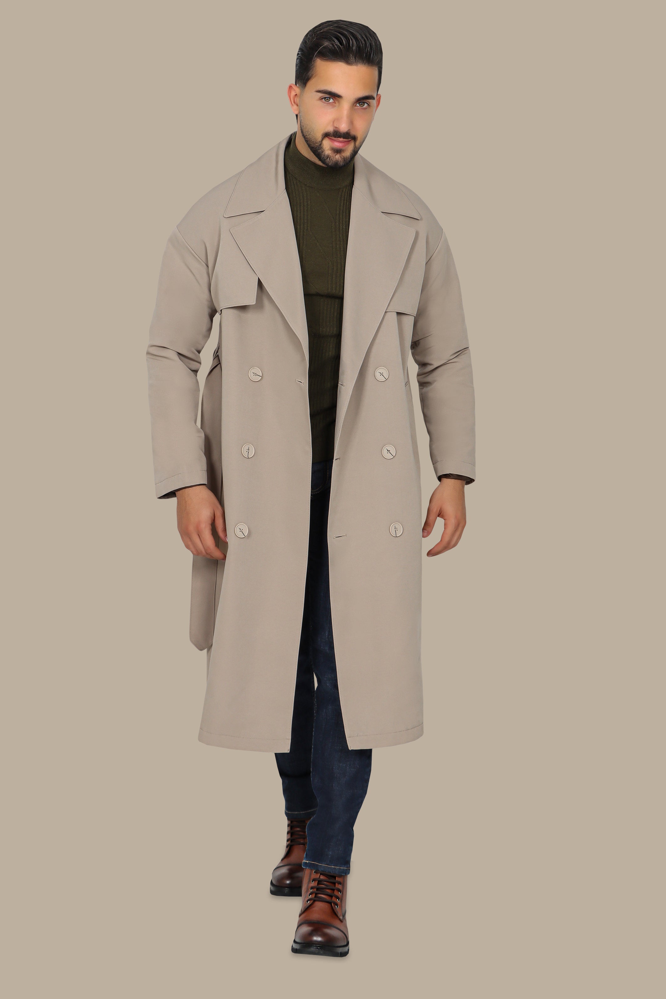 Oversized Double-Breasted Beige Long Trench Coat