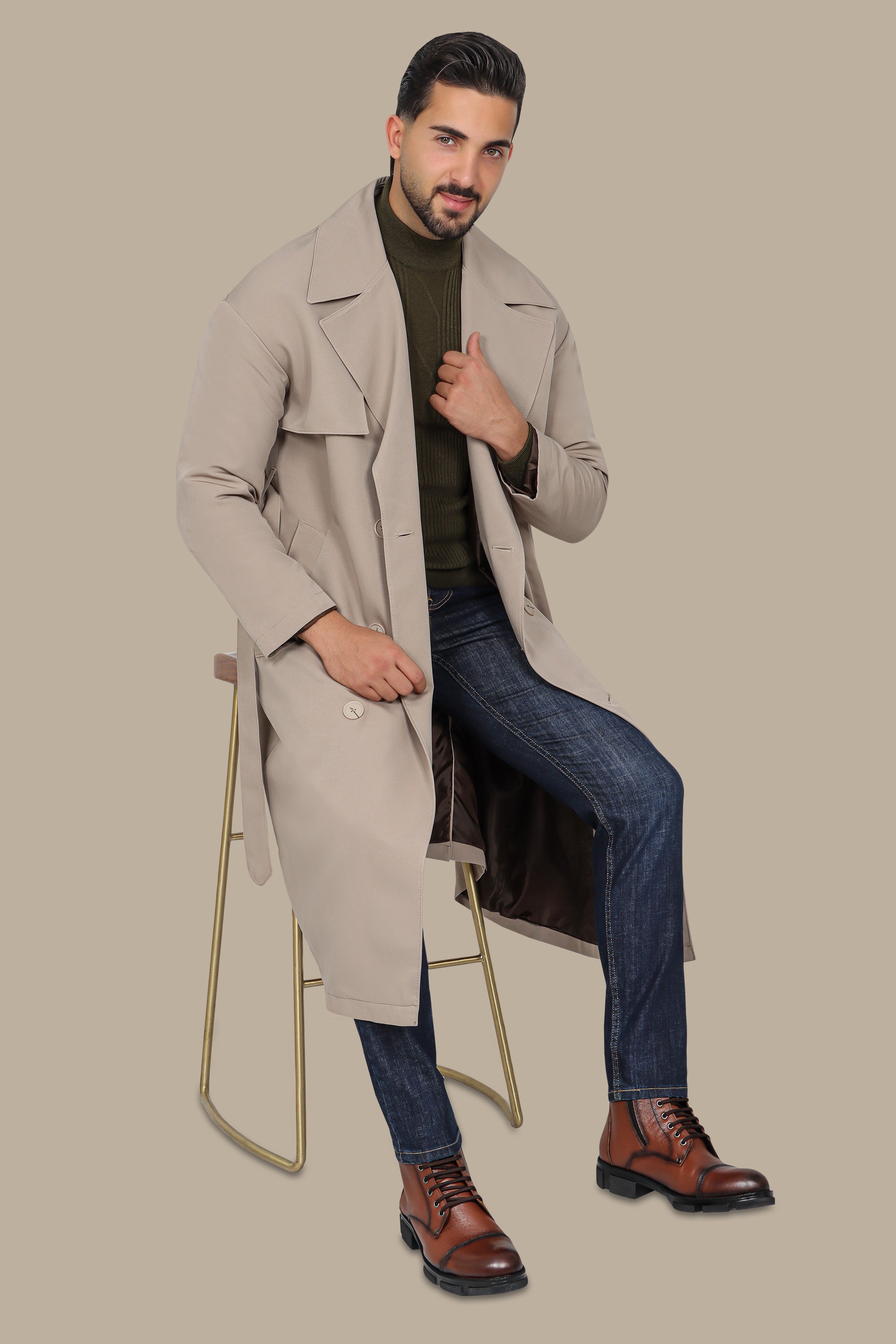 Oversized Double-Breasted Beige Long Trench Coat