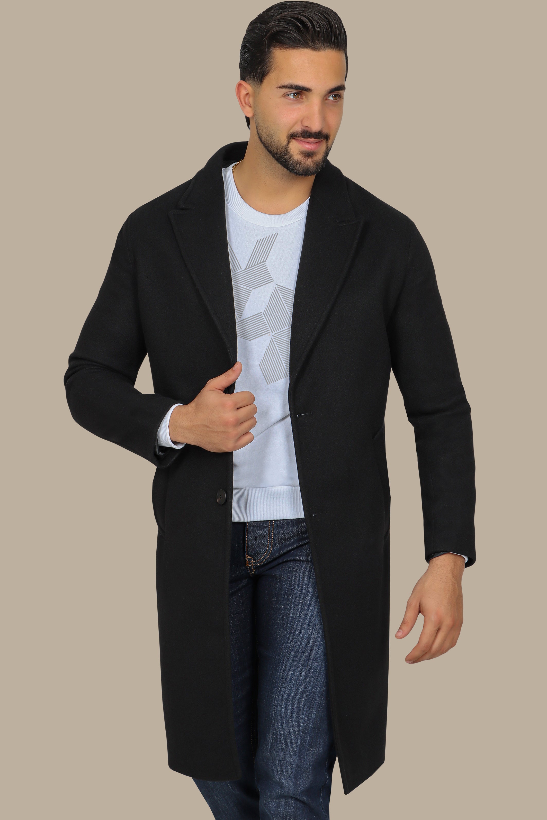 Oversized Black Coat with Peak Lapels