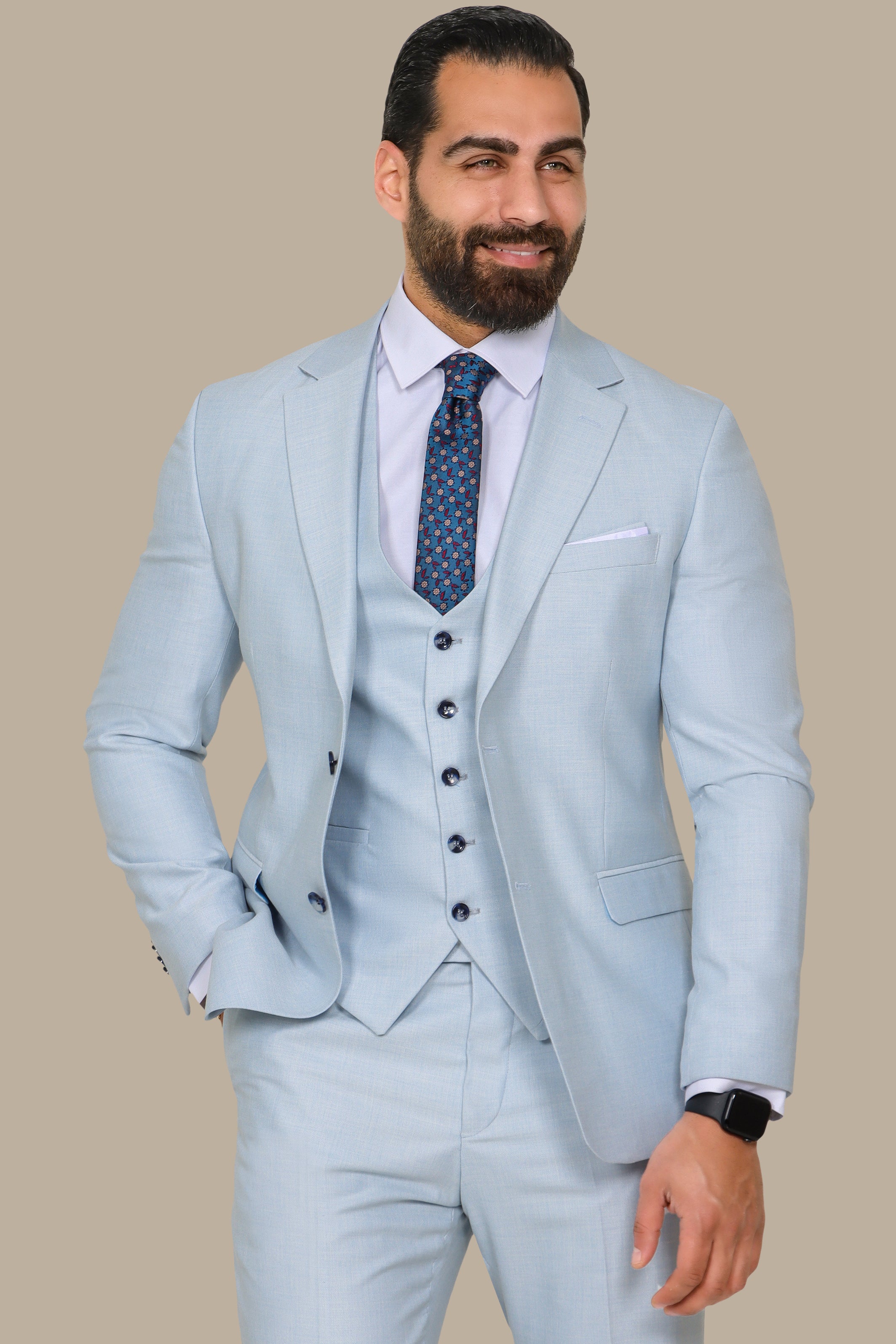 Light Blue 3-Piece Fil à Fil Suit with Patch Lapel