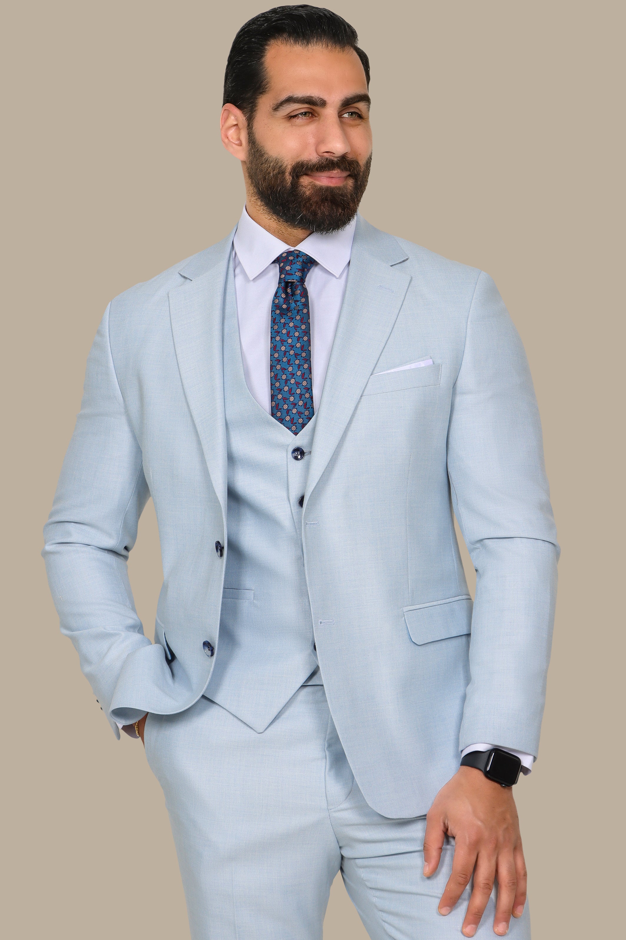 Light Blue 3-Piece Fil à Fil Suit with Patch Lapel