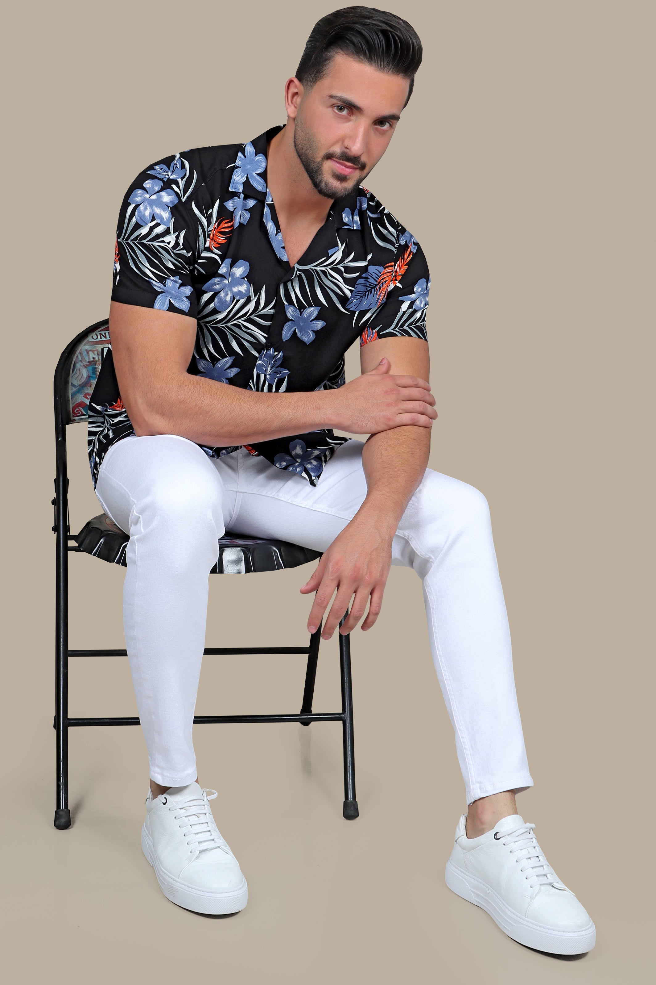 Black Hawaiian Shirt with Blue Leaves Print