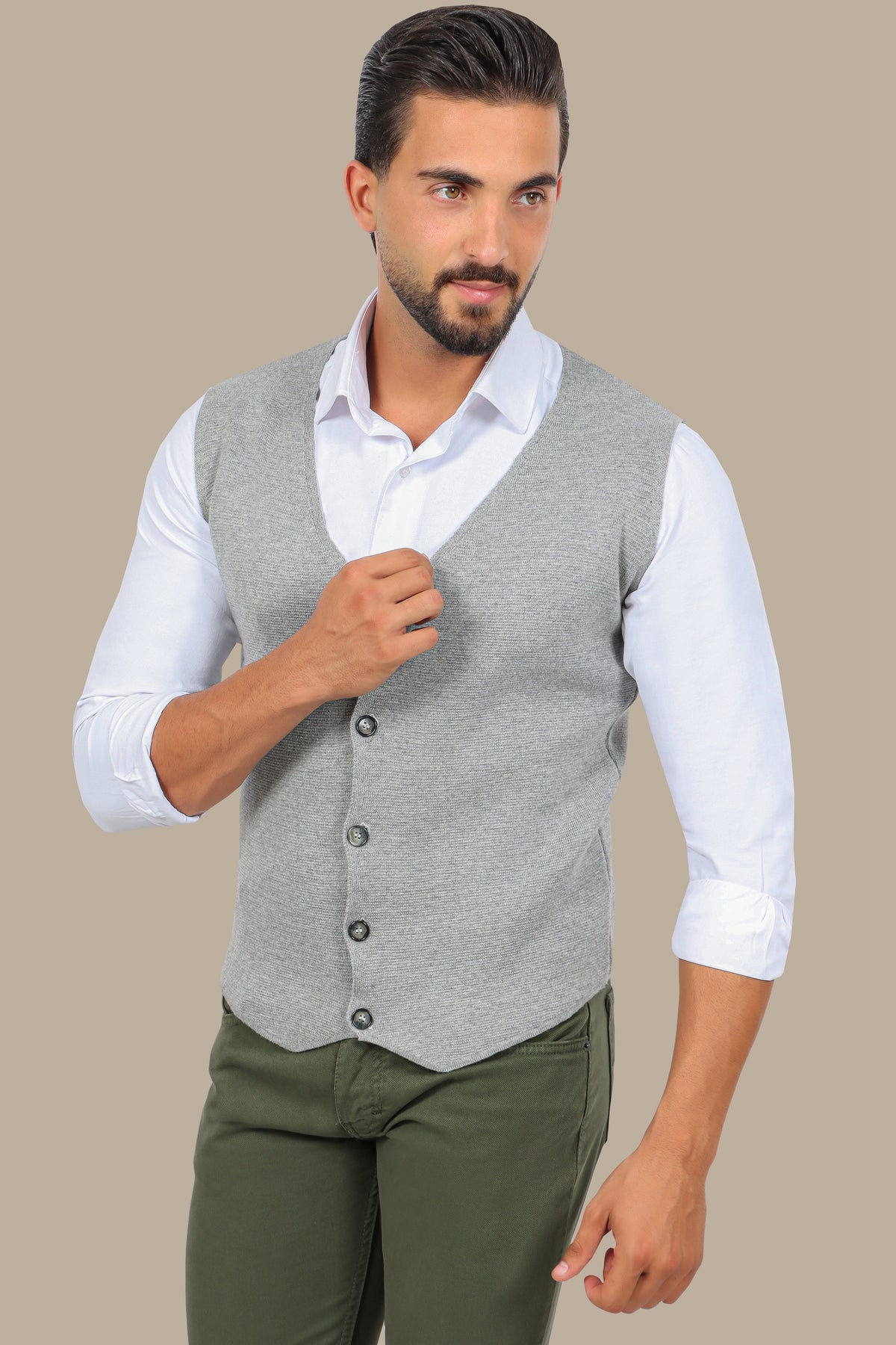 Light Grey Cotton Casual Vest with 5 Buttons