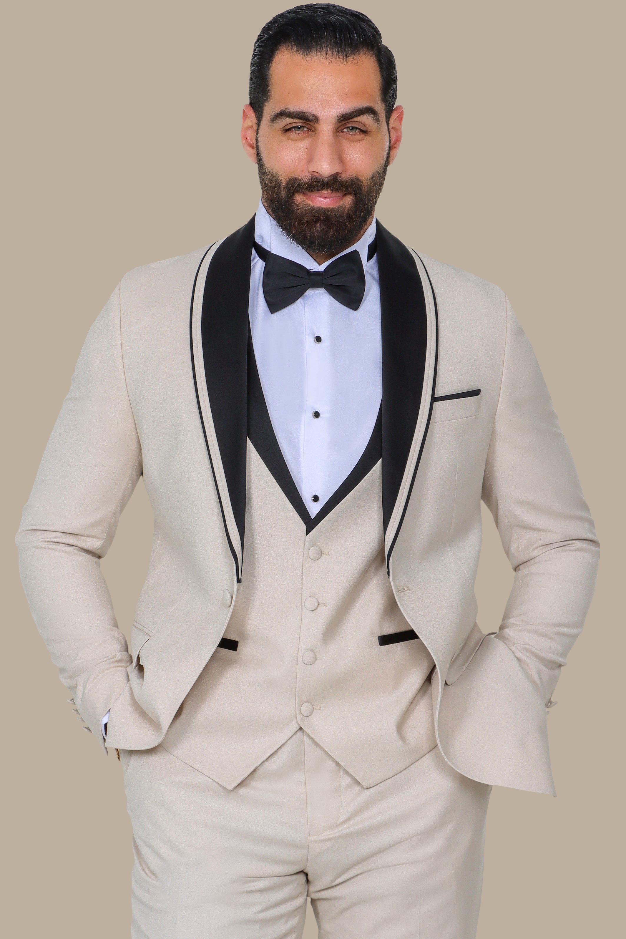 Beige 4-Piece Tuxedo with Shawl Collar and Three-Side Collar Line
