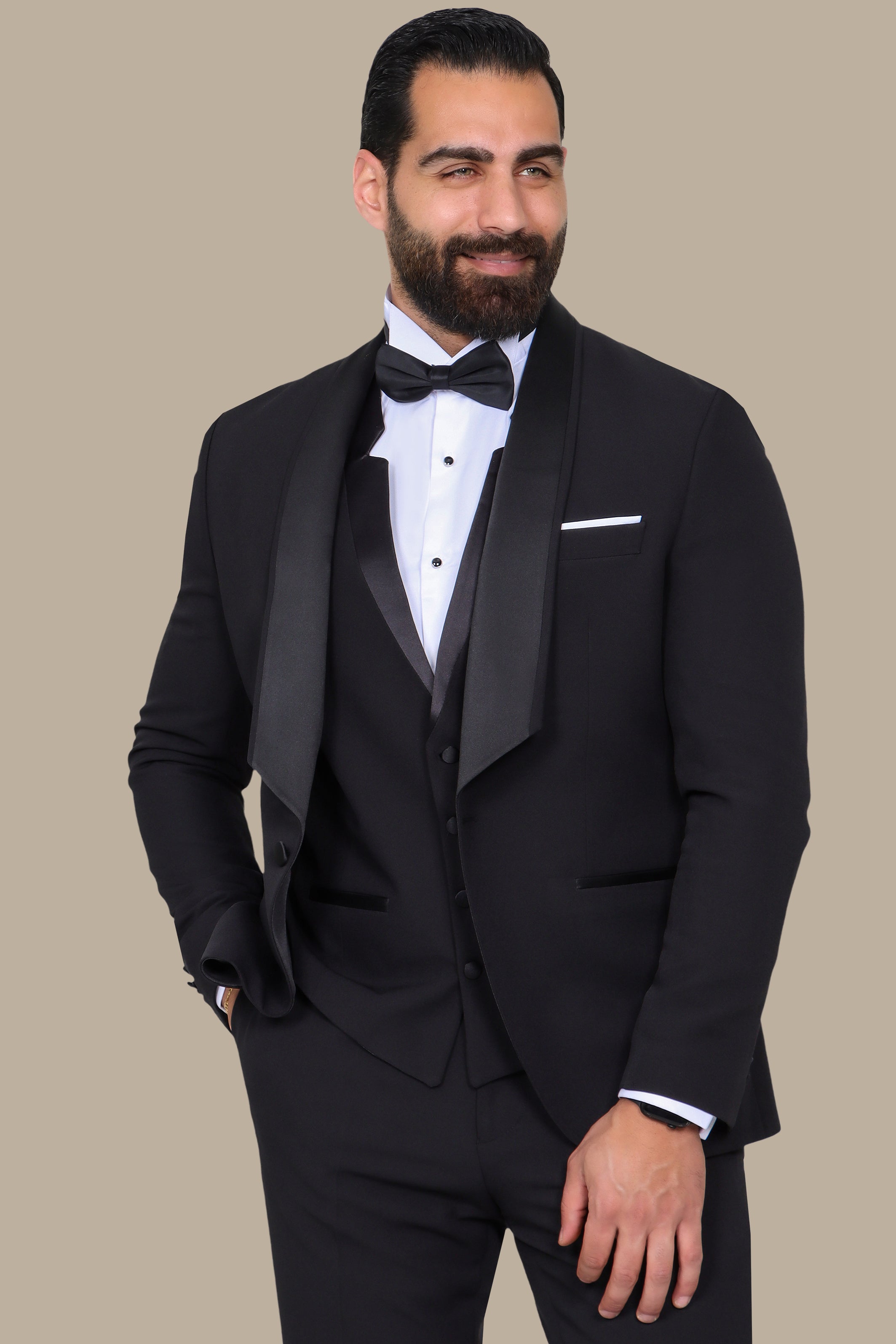 Black 4-Piece Low-Cut Tuxedo with Side Brim Shawl Collar