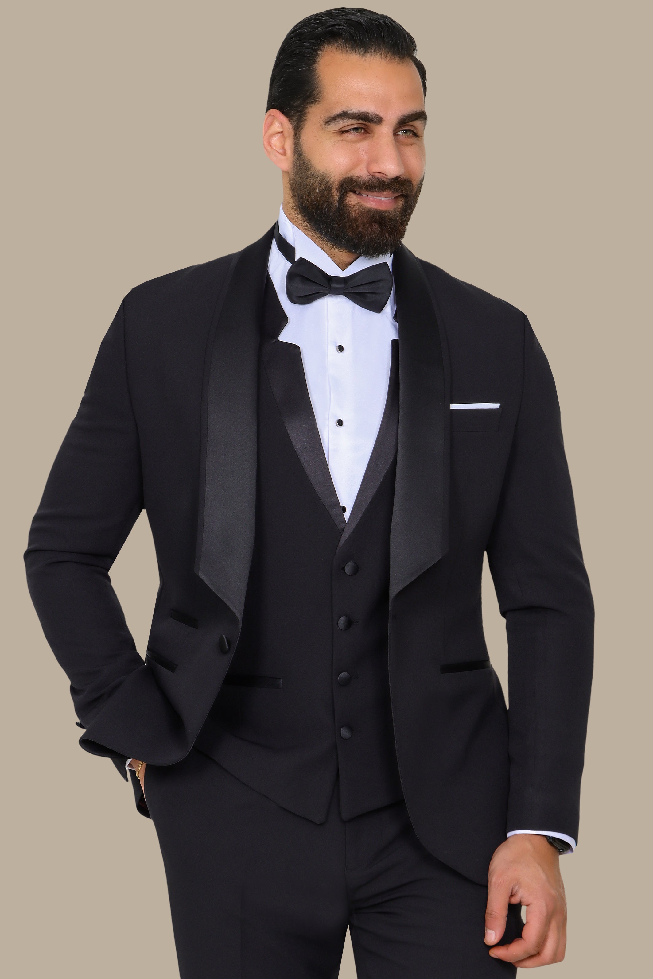 Black 4-Piece Low-Cut Tuxedo with Side Brim Shawl Collar