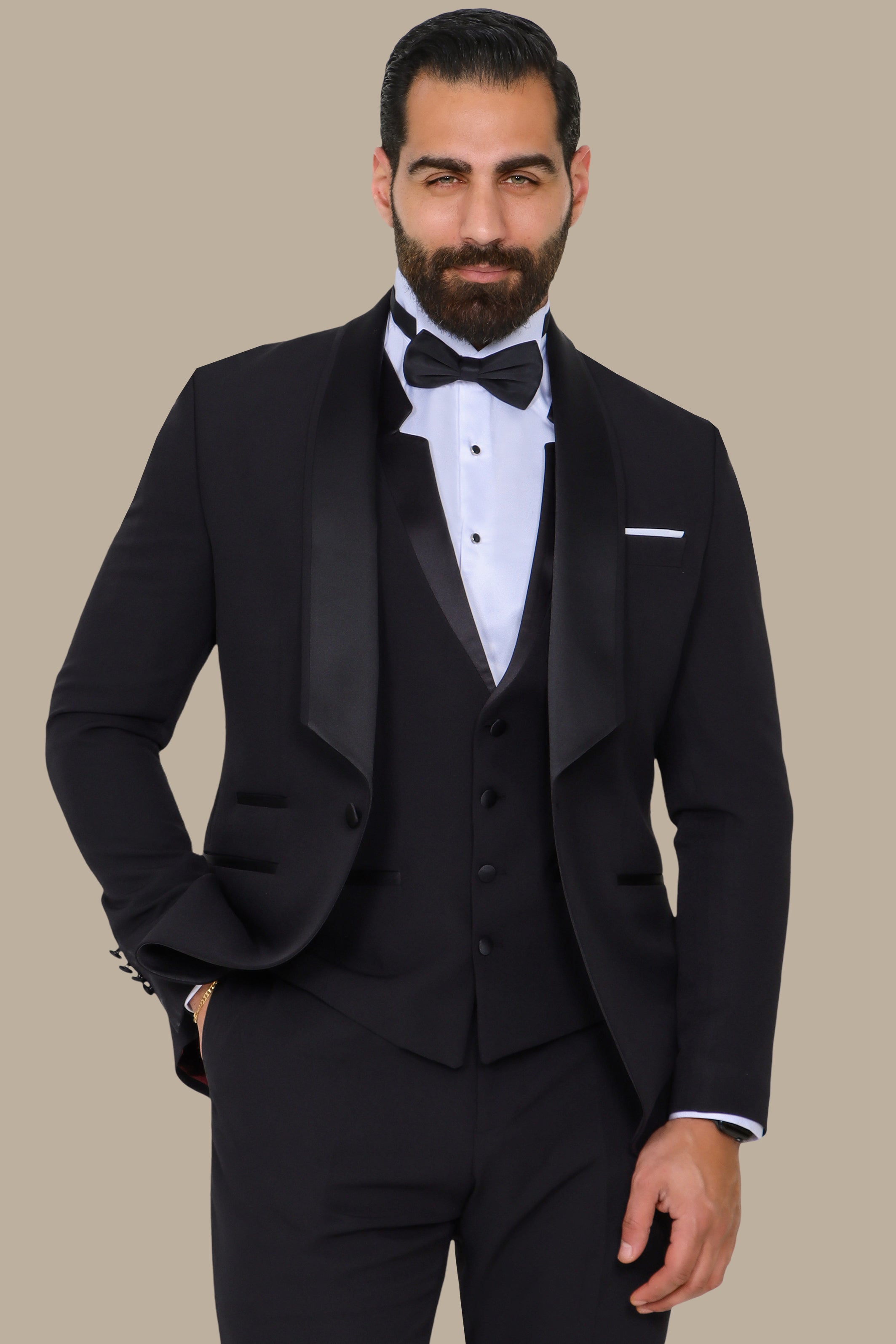 Black 4-Piece Low-Cut Tuxedo with Side Brim Shawl Collar