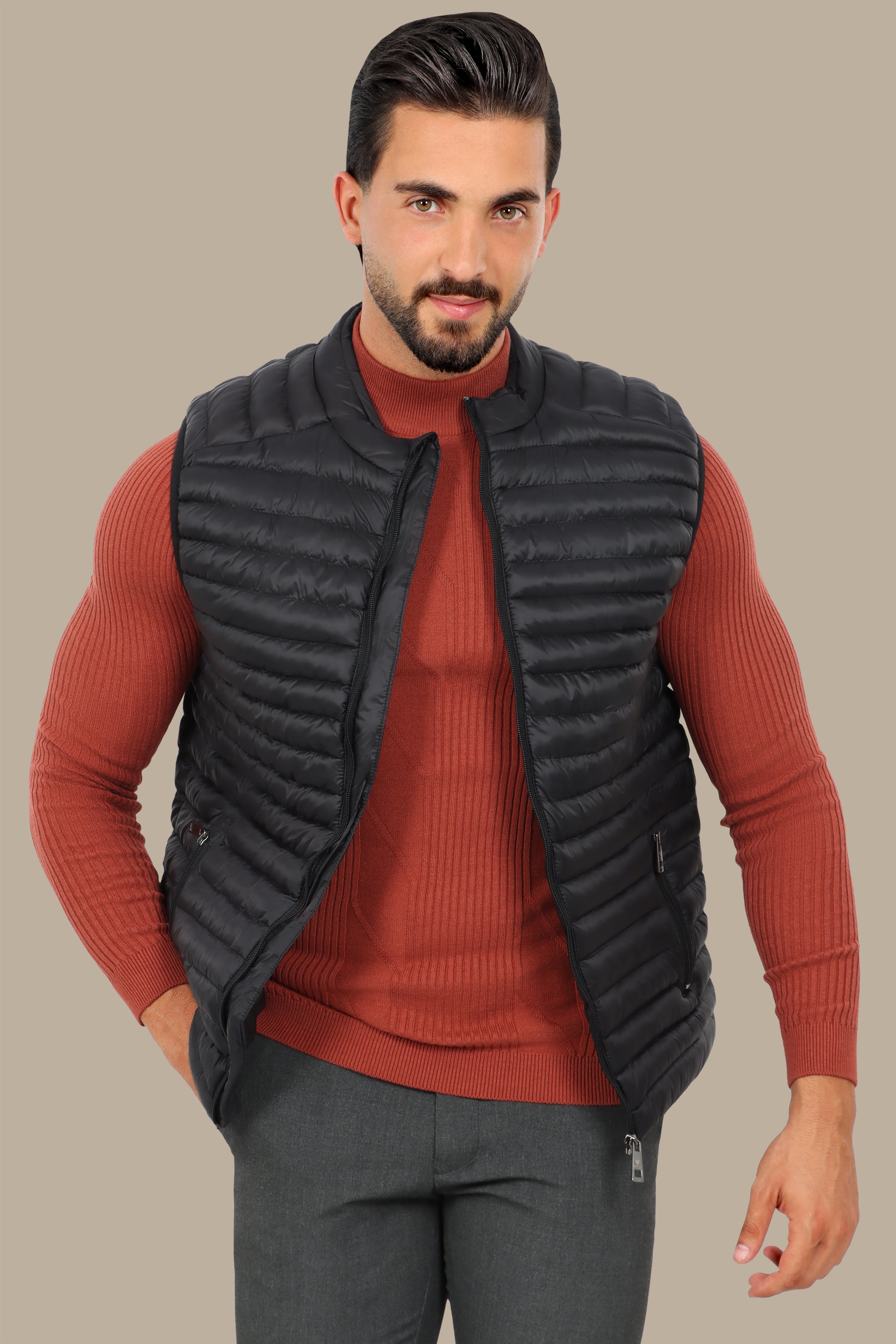 Nocturnal Trek: Black Padded Puffer Vest for Urban Explorations