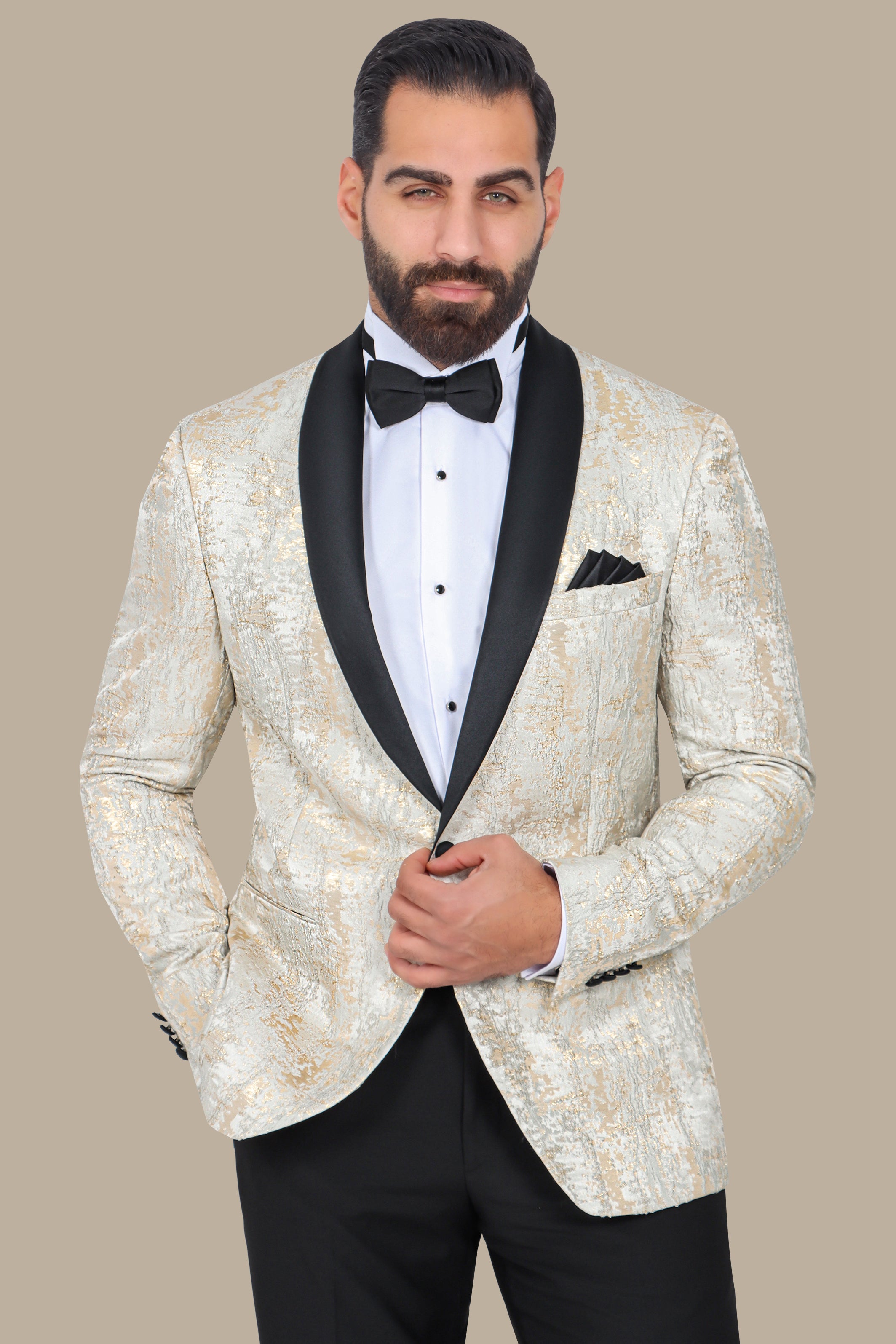 Beige Tuxedo with Glitter Jacquard Details