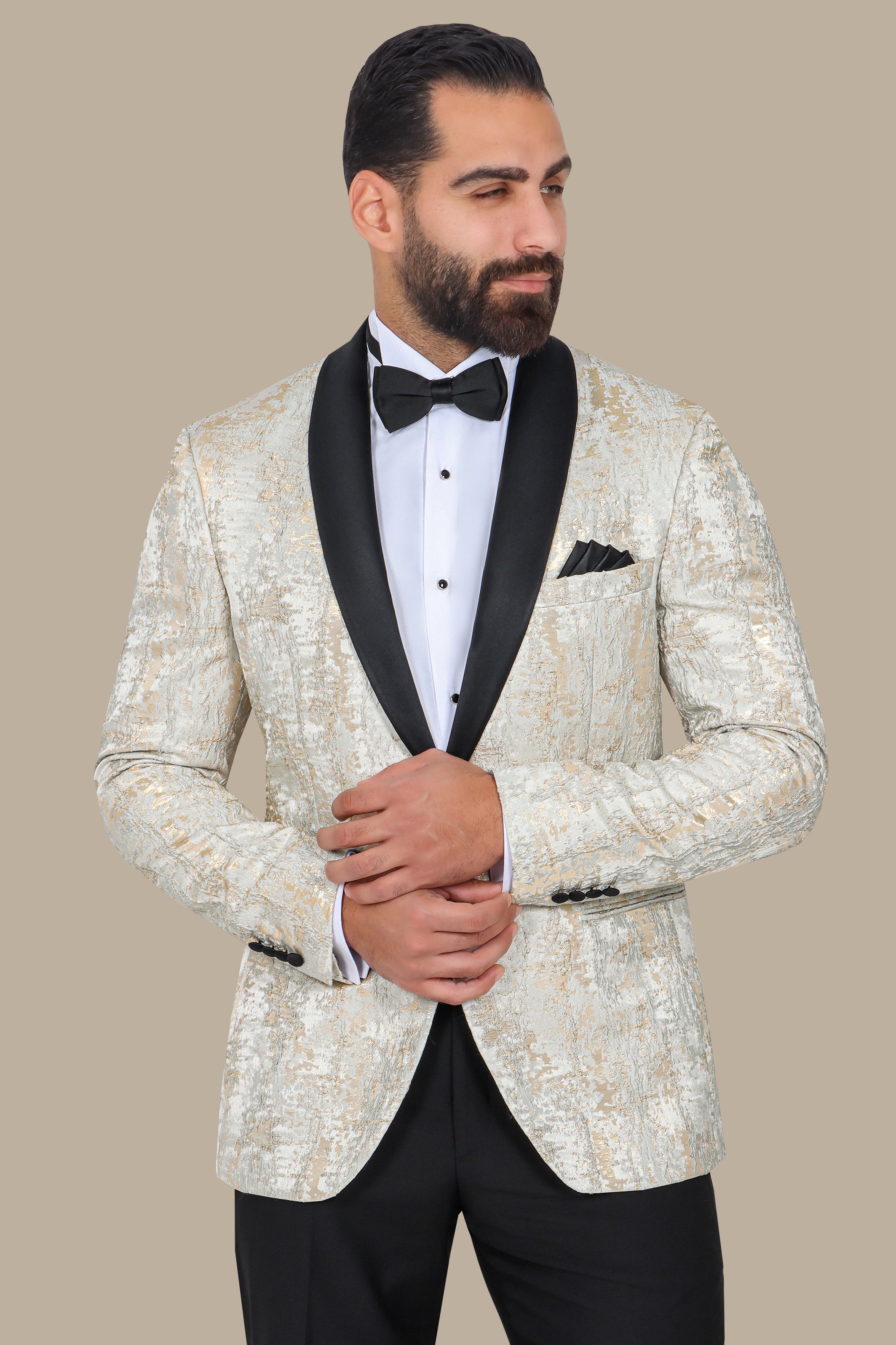 Beige Tuxedo with Glitter Jacquard Details