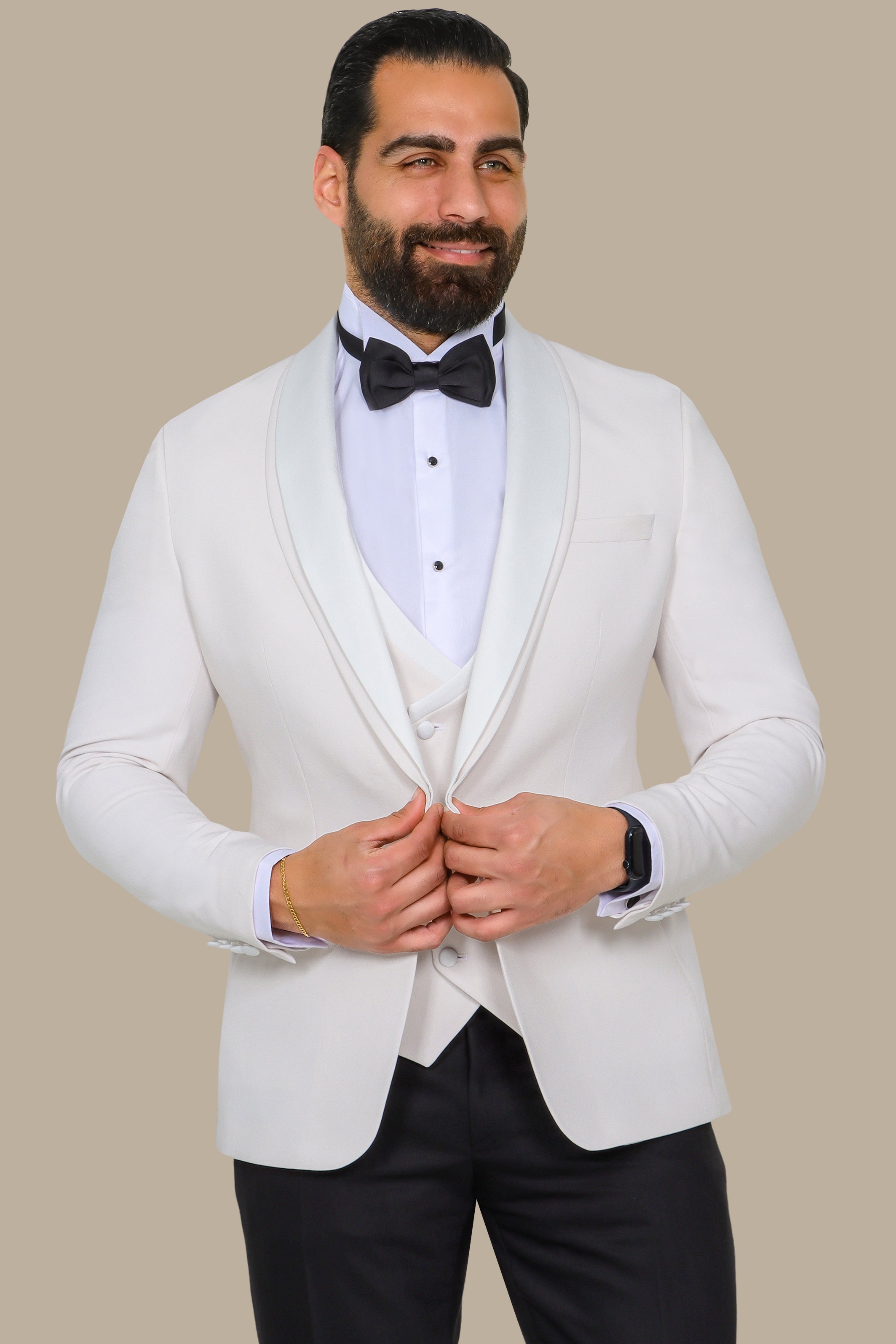 White 4-Piece Tuxedo with Double Shawl Collar and Black Pants