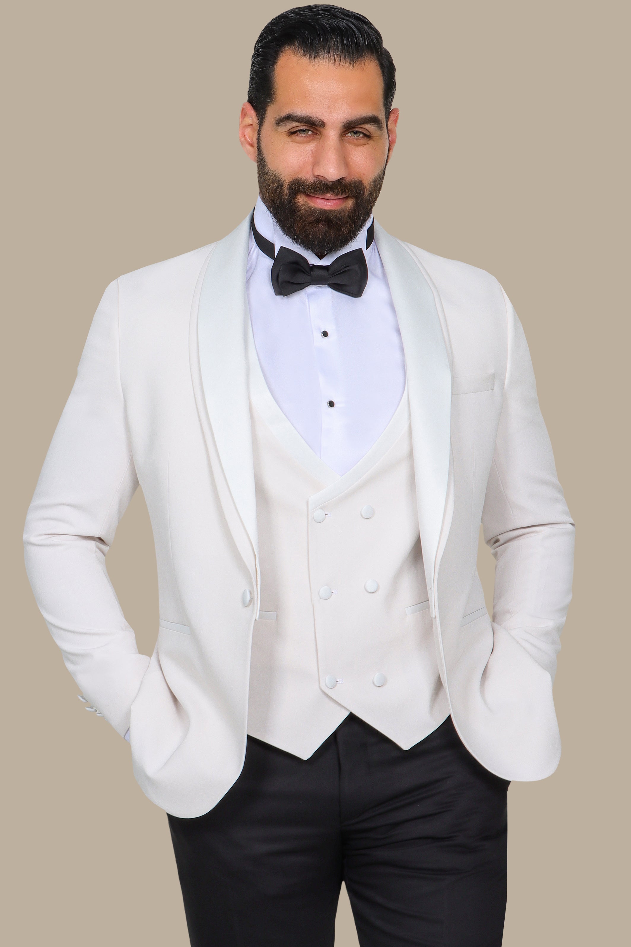 White 4-Piece Tuxedo with Double Shawl Collar and Black Pants