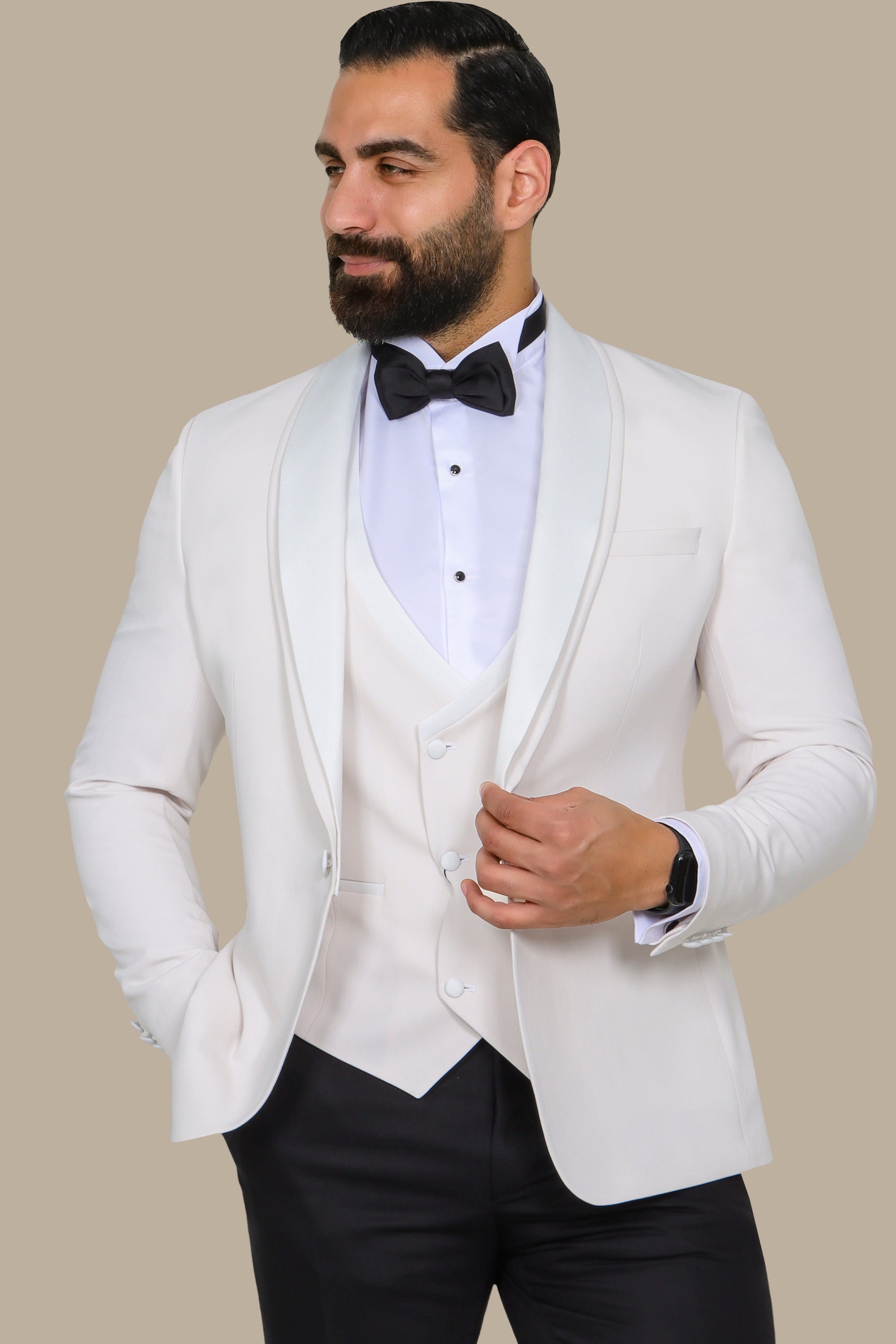 White 4-Piece Tuxedo with Double Shawl Collar and Black Pants