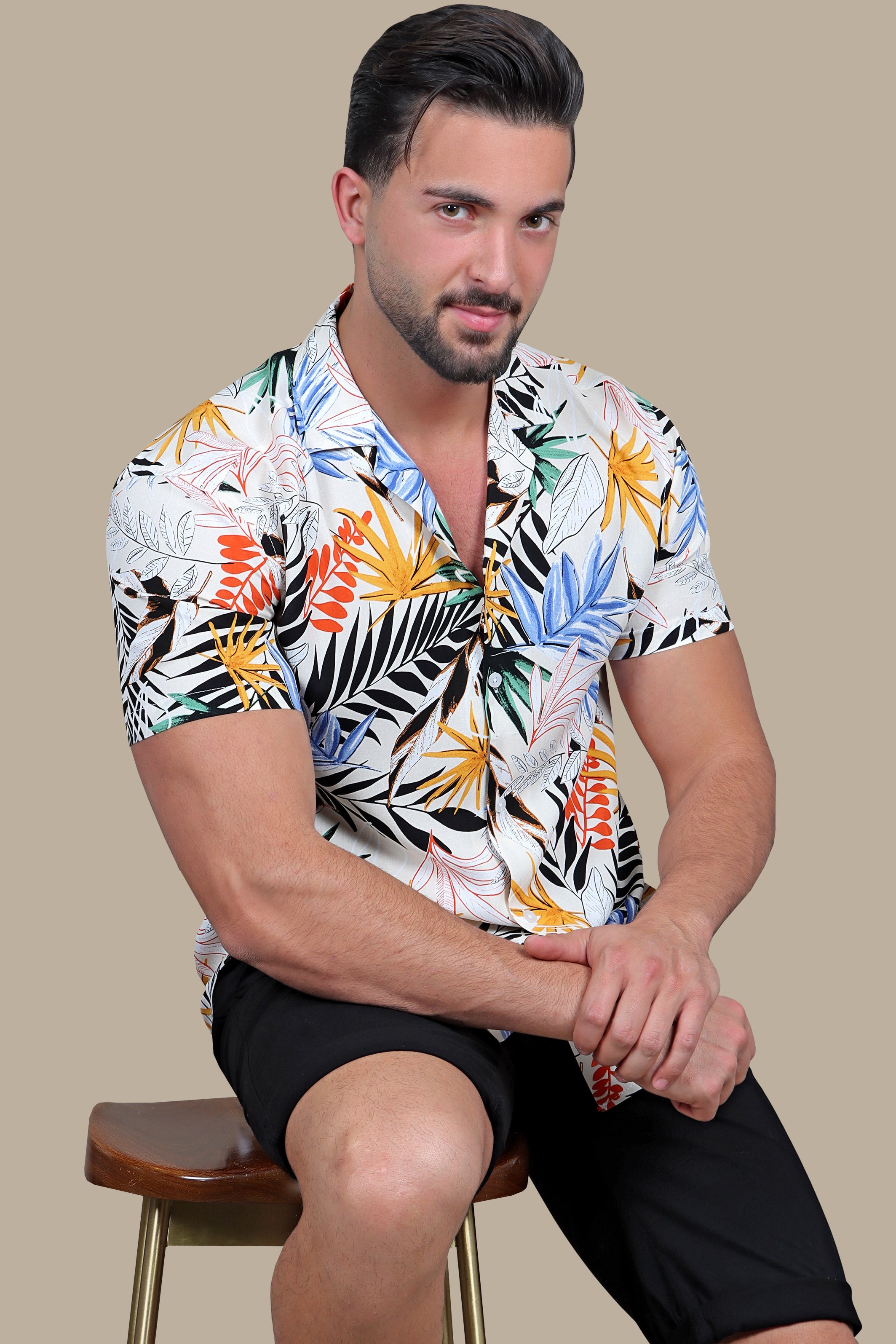 Beige Multi-Colored Leaf Print Hawaiian Shirt