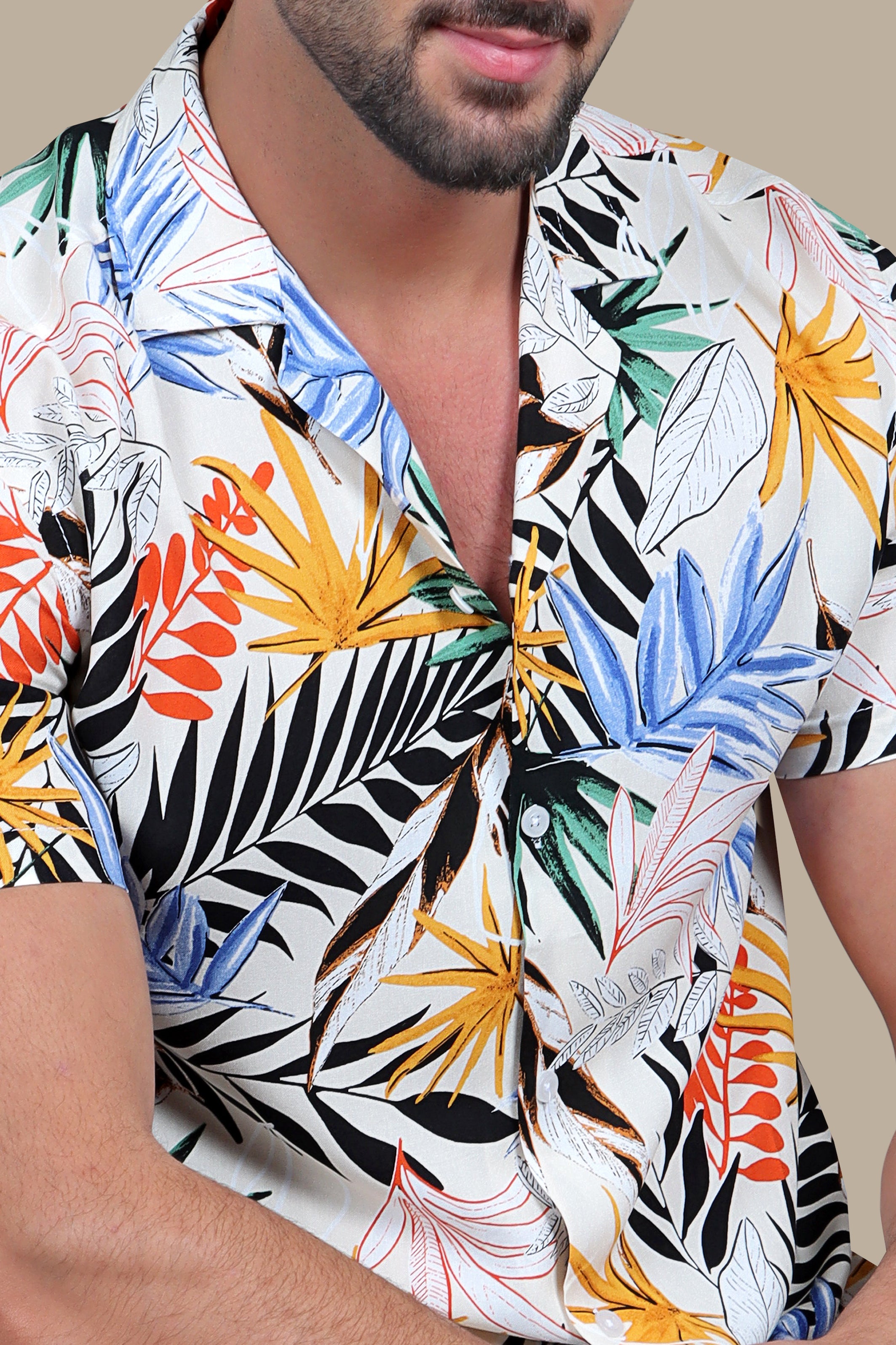 Beige Multi-Colored Leaf Print Hawaiian Shirt