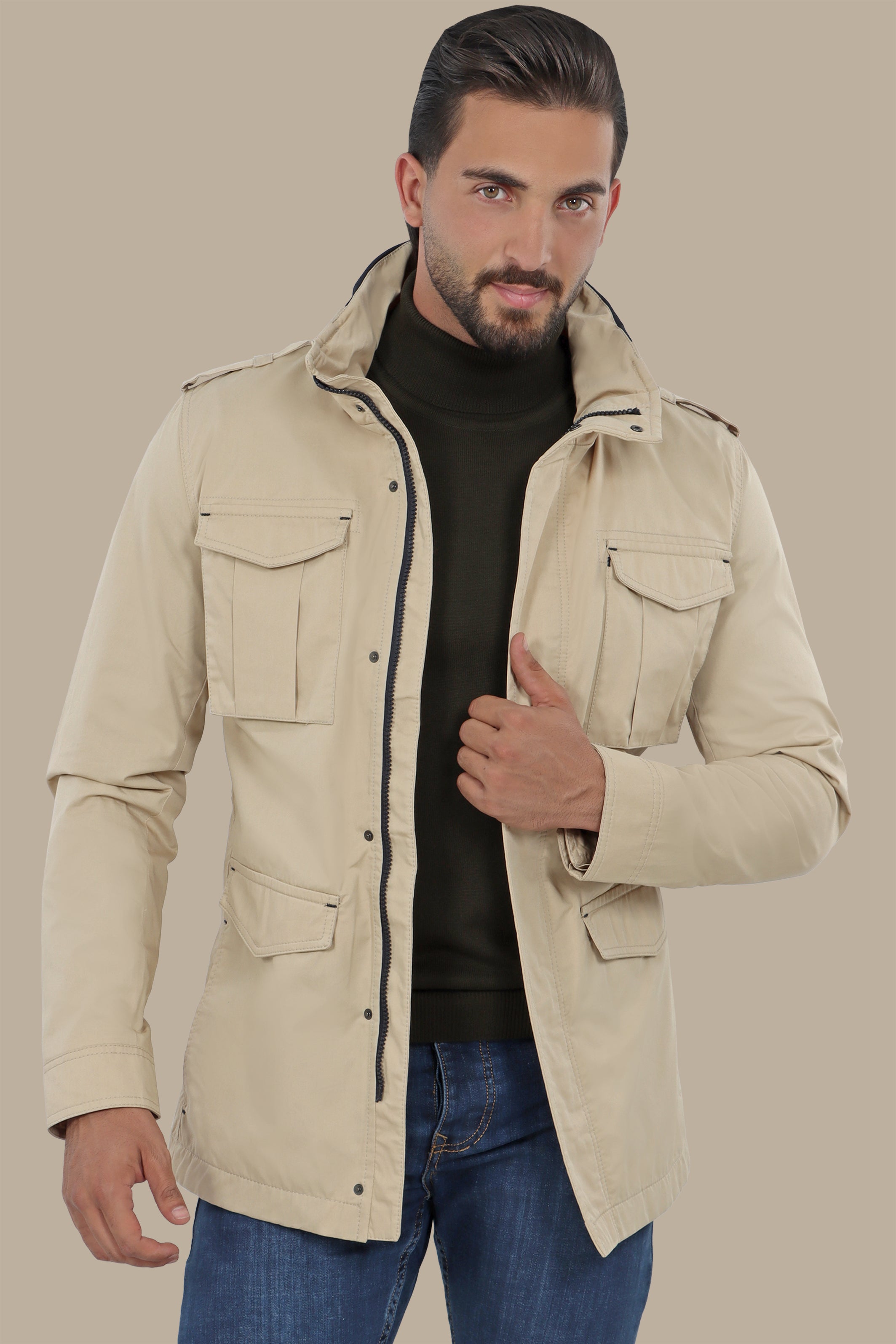 Beige Safari Expedition Jacket: Journey in Style
