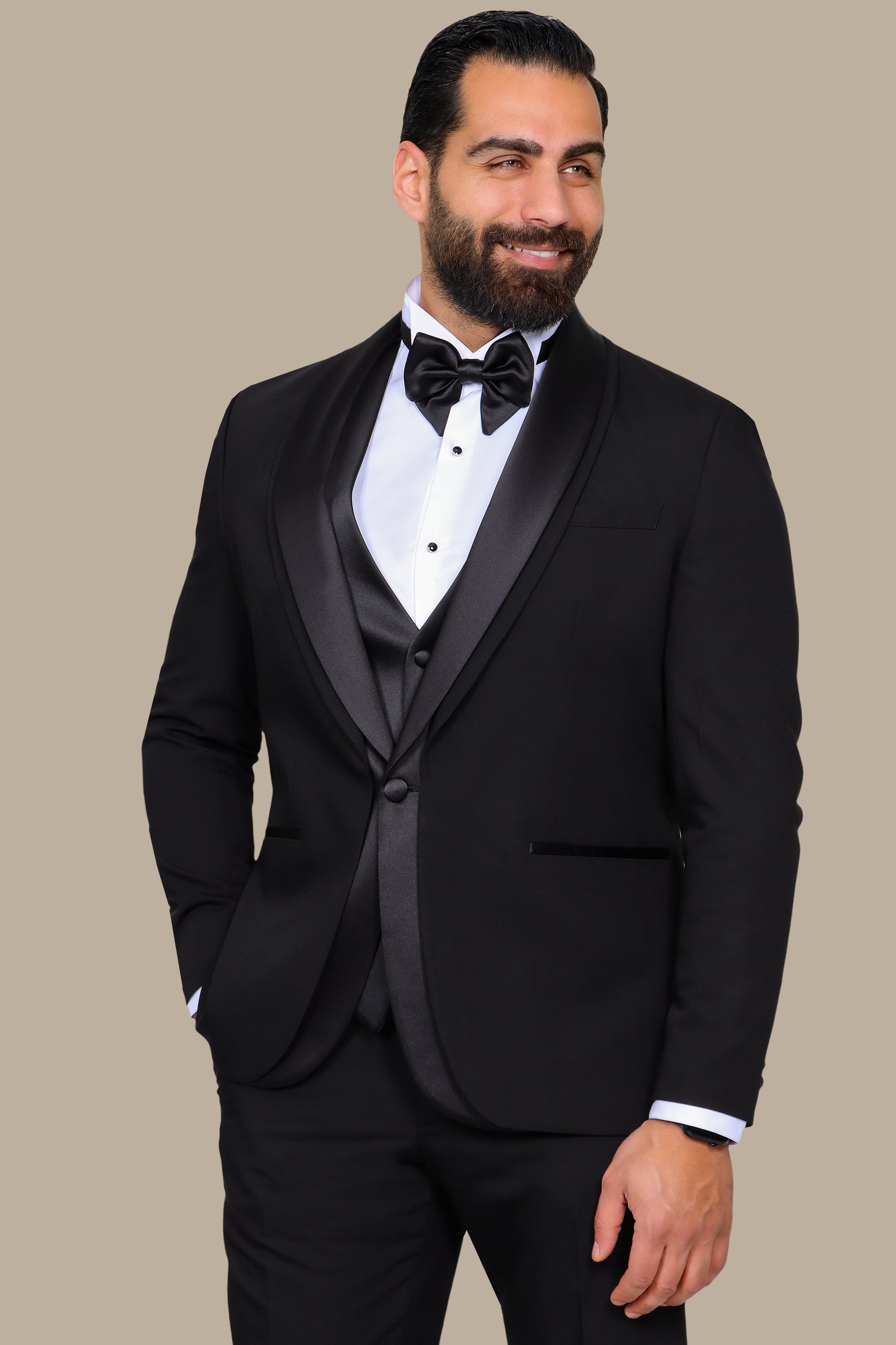Black 4-Piece Tuxedo with Double Shawl Collar and Satin Trim