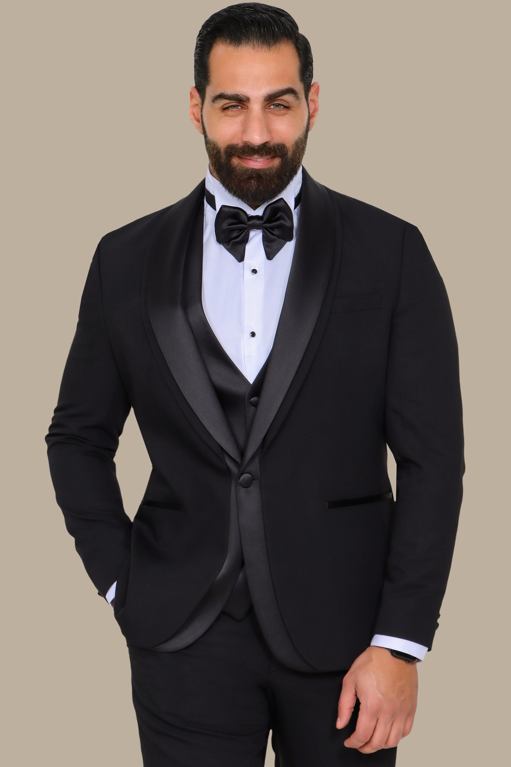 Black 4-Piece Tuxedo with Double Shawl Collar and Satin Trim