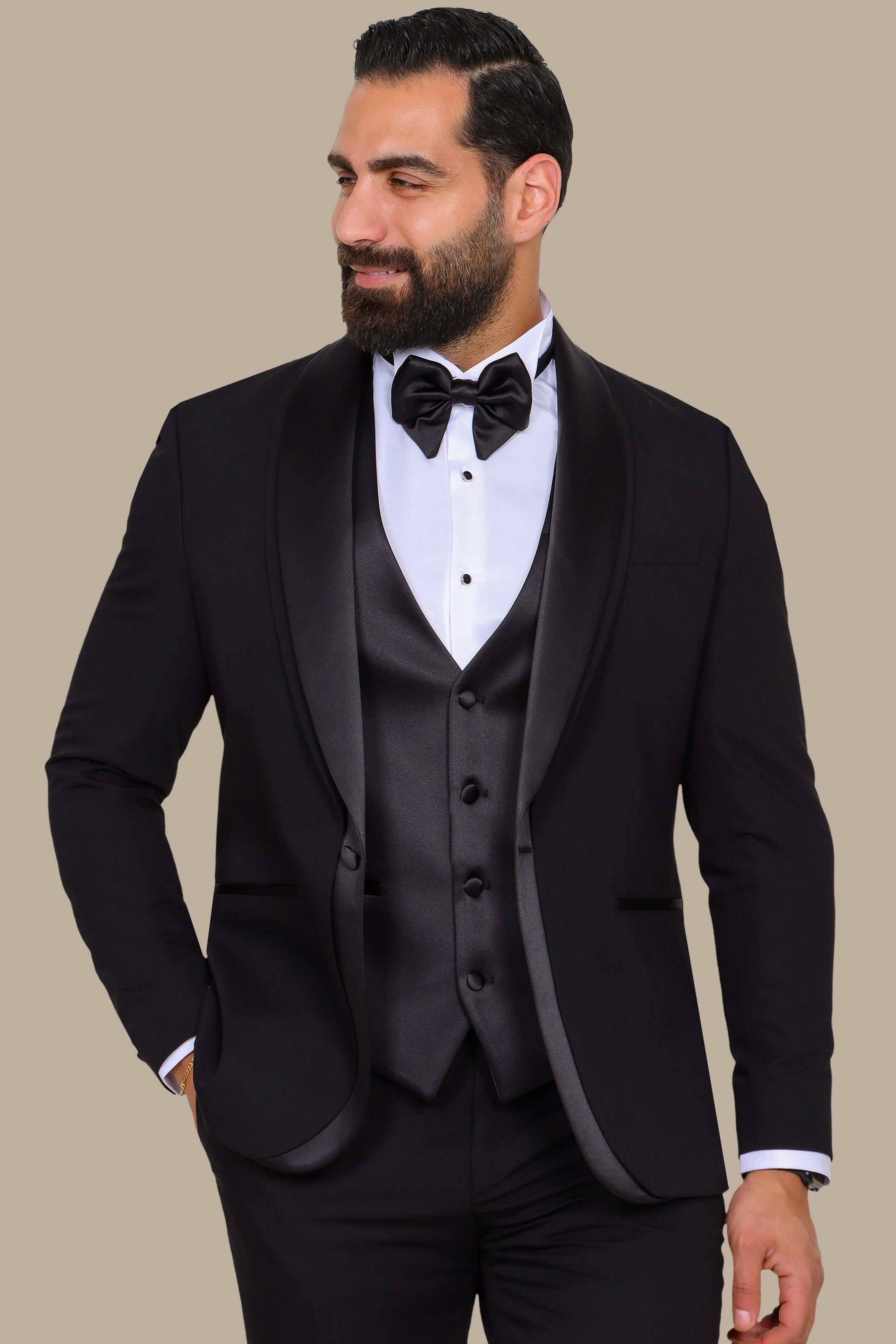 Black 4-Piece Tuxedo with Double Shawl Collar and Satin Trim