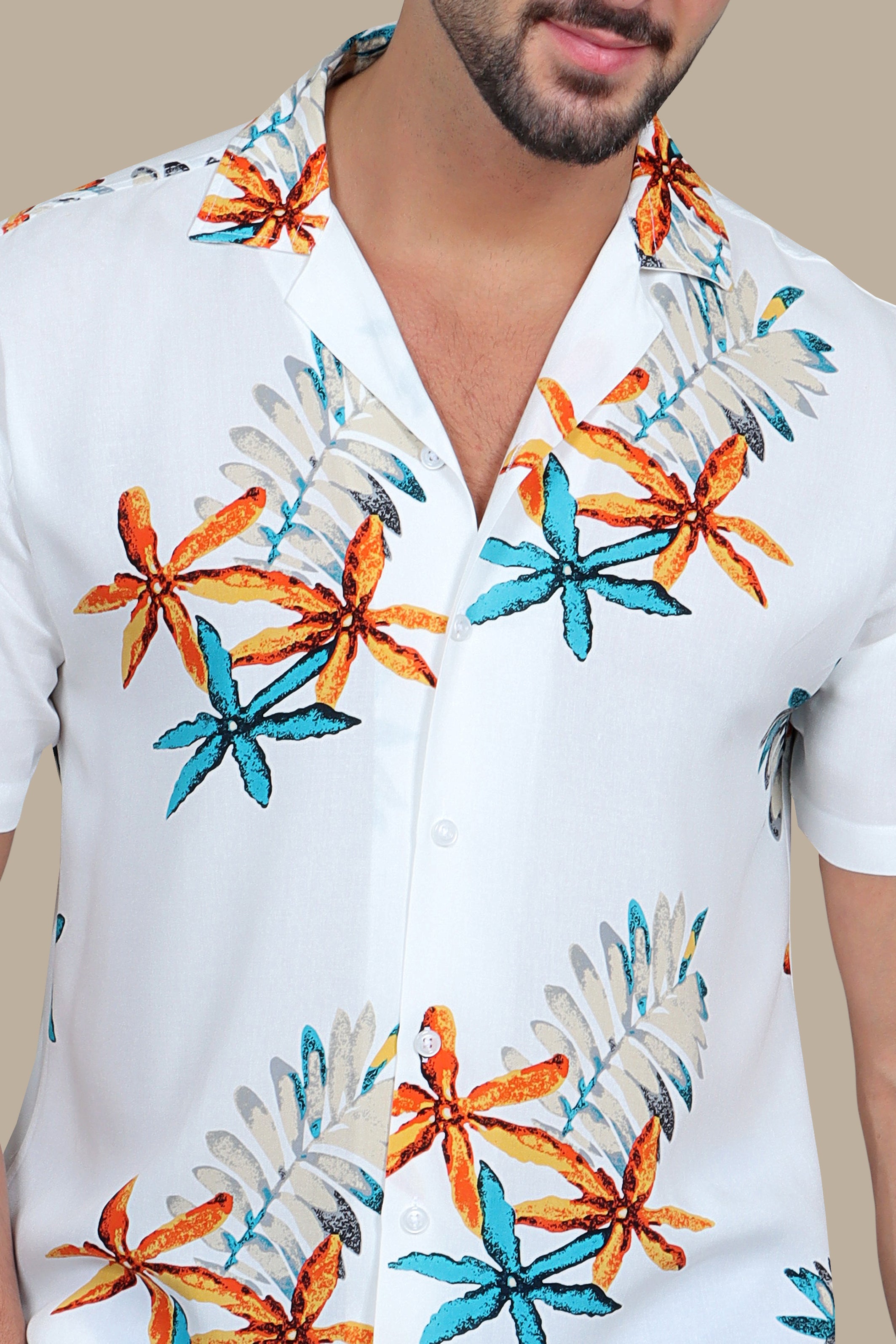 Starry Shores: White Hawaii Shirt with 3 Stars Print