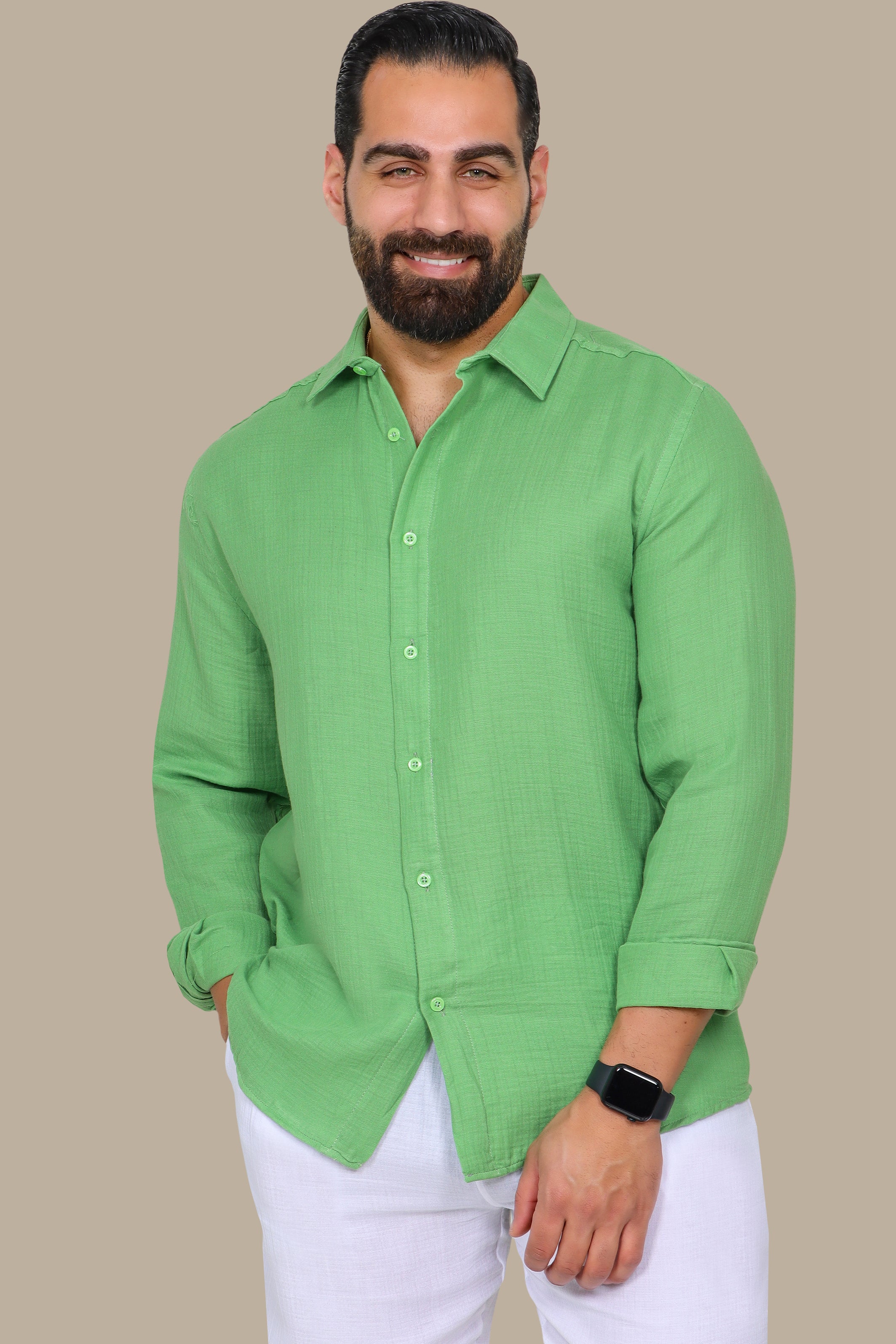Green Plain Linen Long Sleeve Shirt