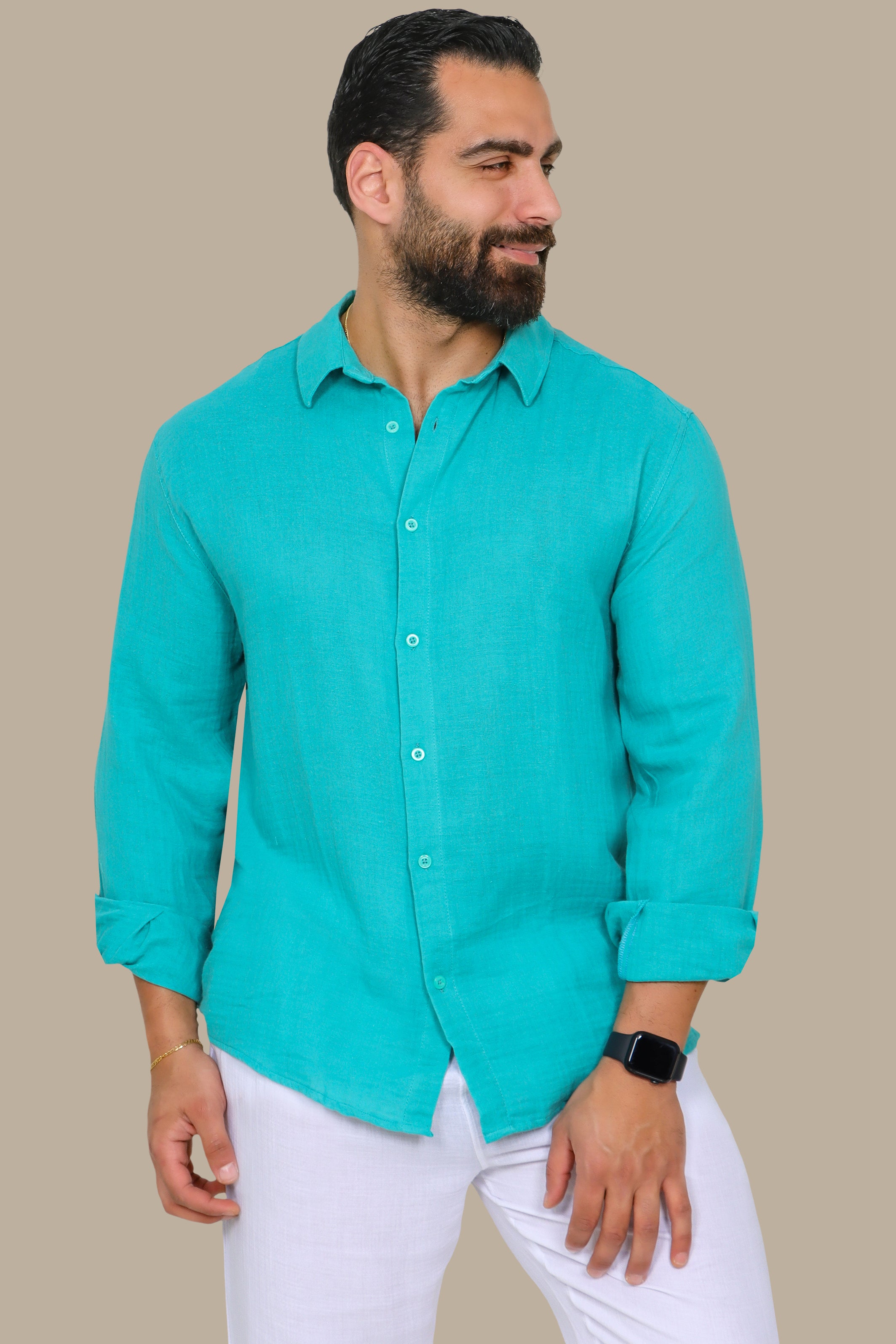 Turquoise Plain Linen Long Sleeve Shirt