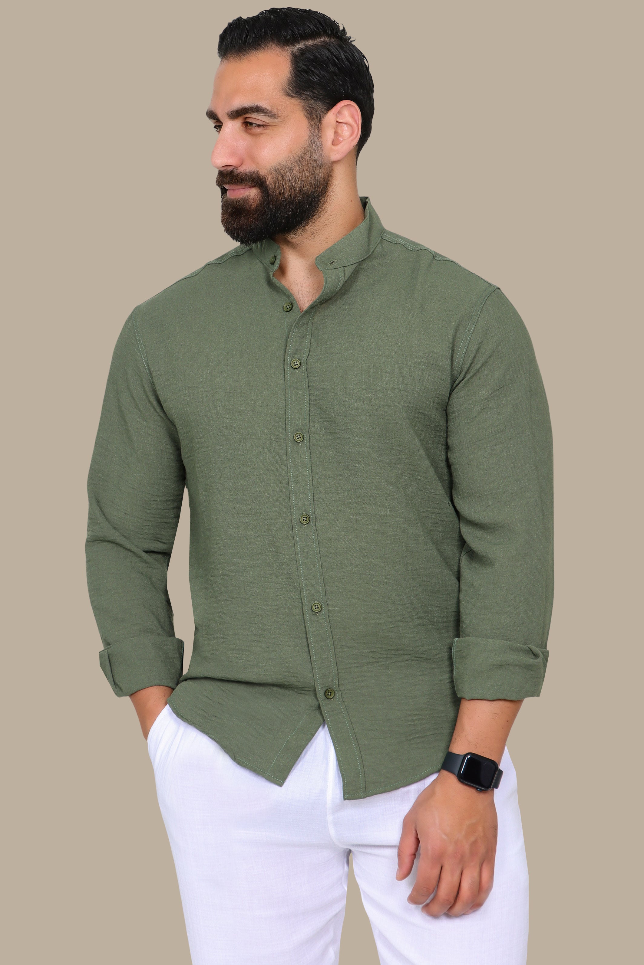 Khaki Linen Aerobin Shirt with Mao Collar