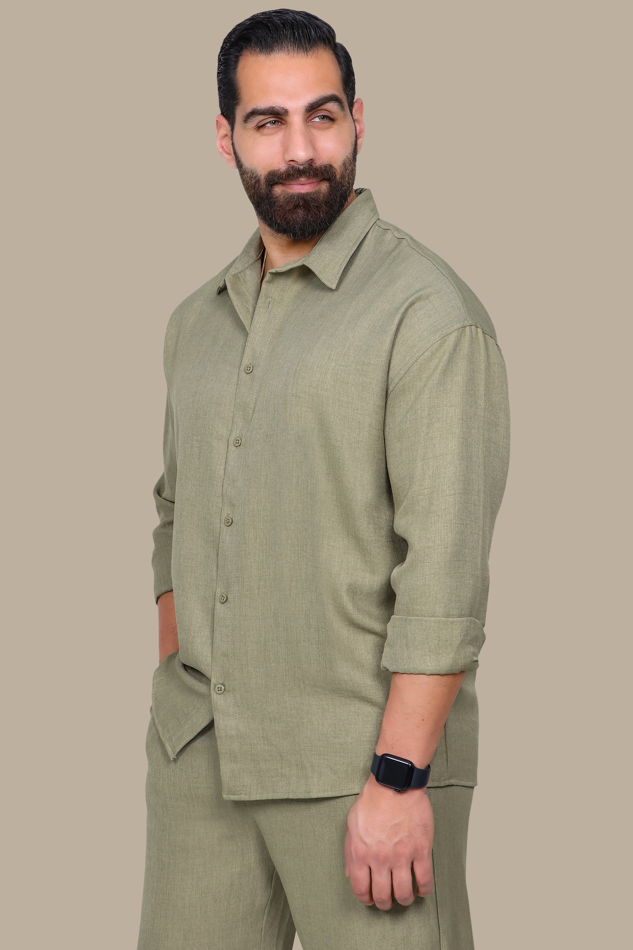 Olive Linen Fil à Fil Oversized Shirt